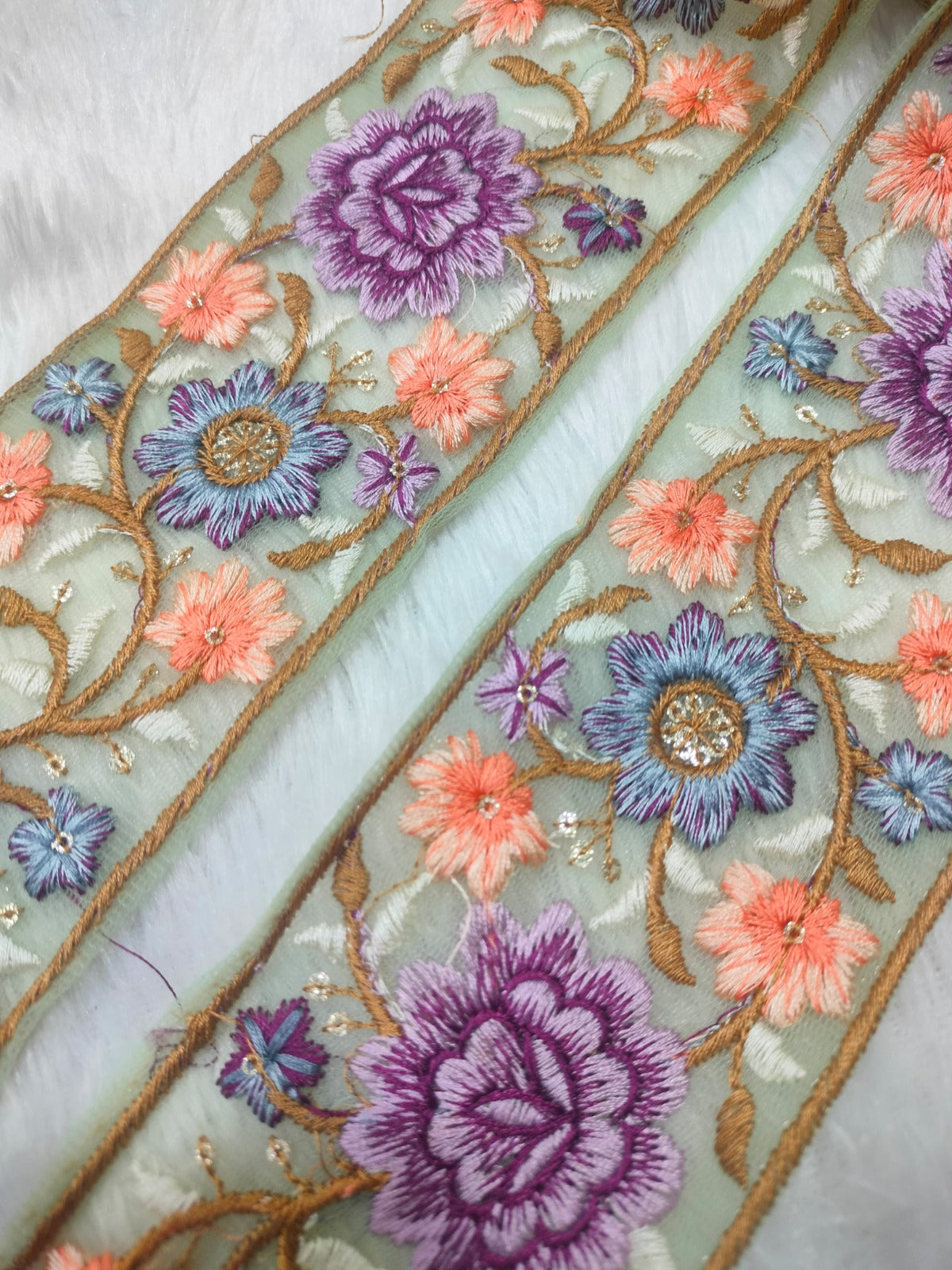 Off White & Purple Flower Embroidery Trim