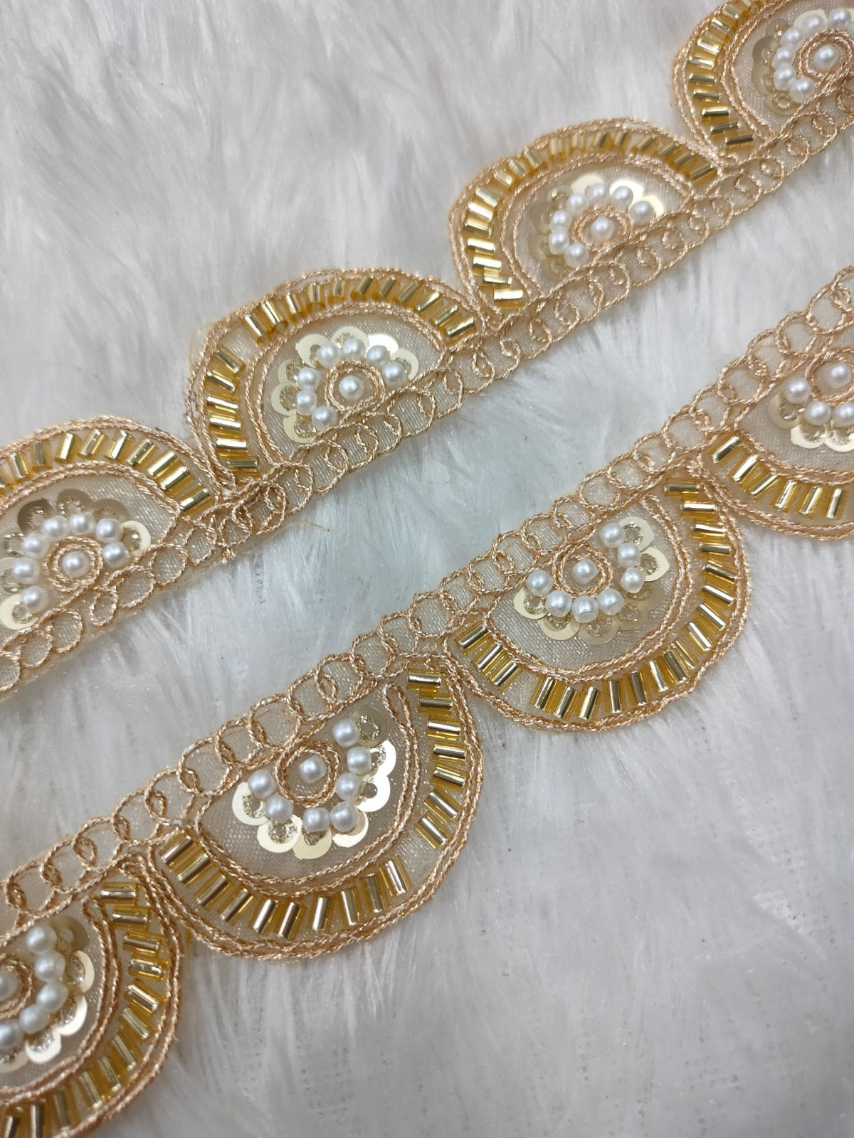 Golden & White Pearl and Sequins Work Embellished Trim