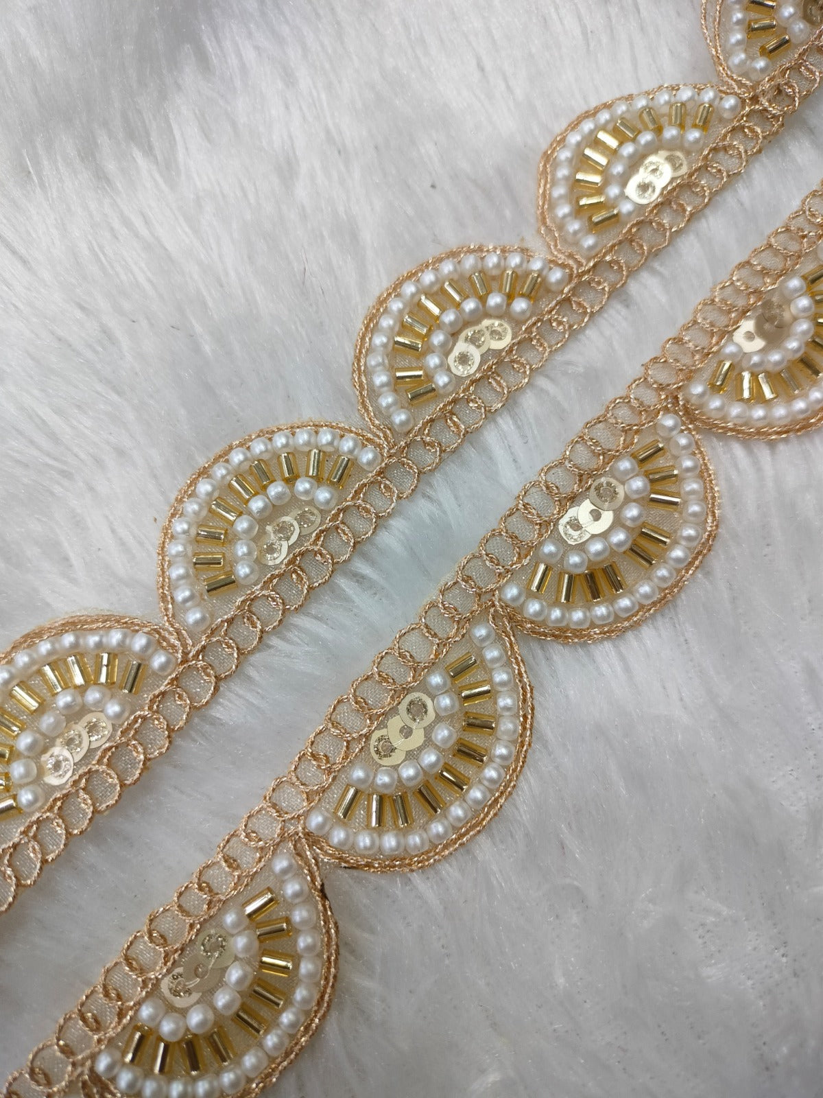 Golden & White Pearl Work Embellished Trim