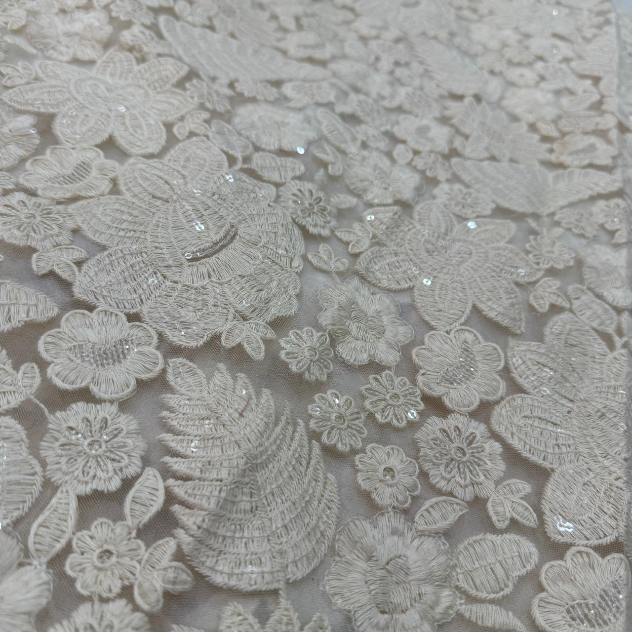 Off White Floral Embroidered Net Fabric