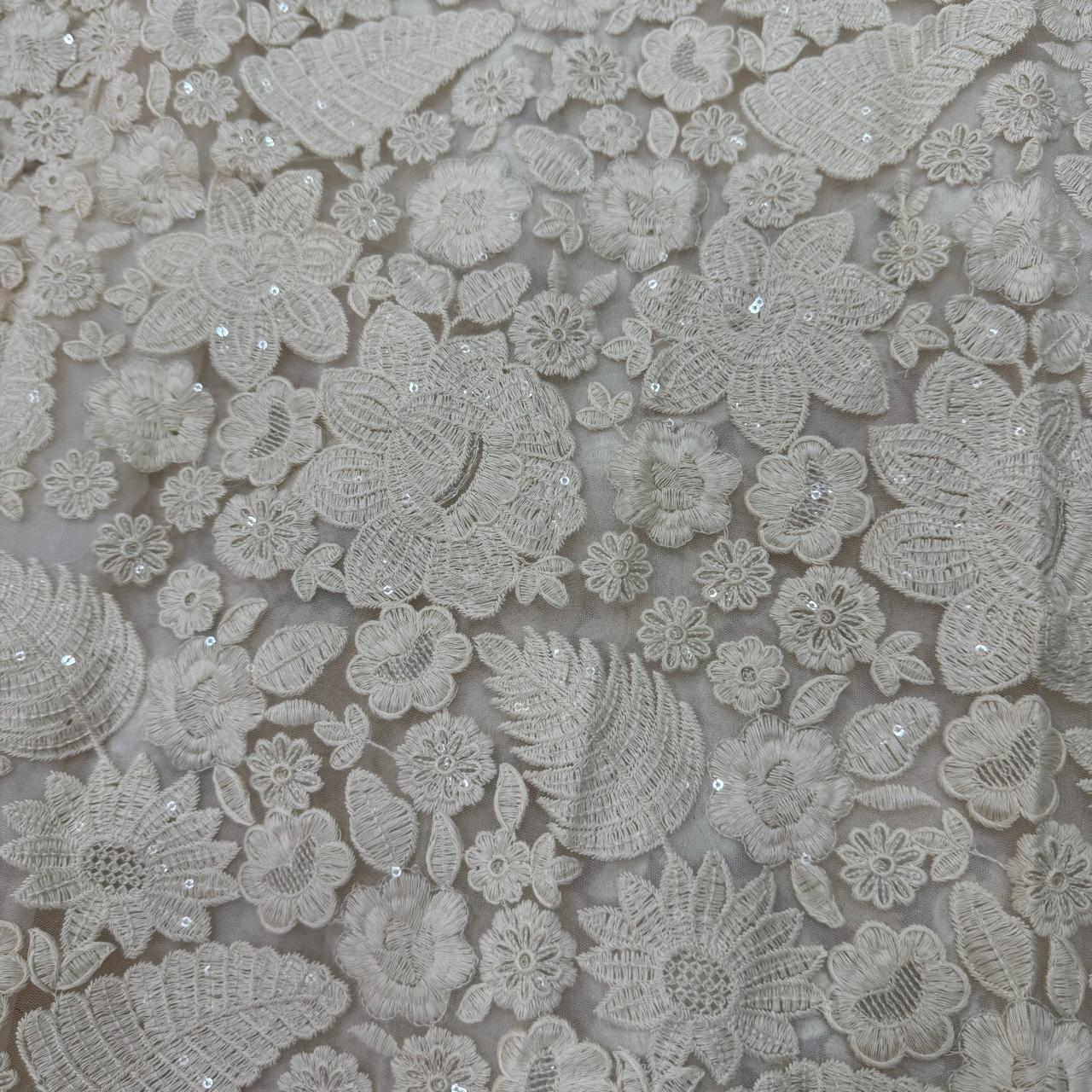 Off White Floral Embroidered Net Fabric