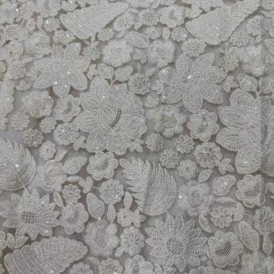 Off White Floral Embroidered Net Fabric (Wholesale)