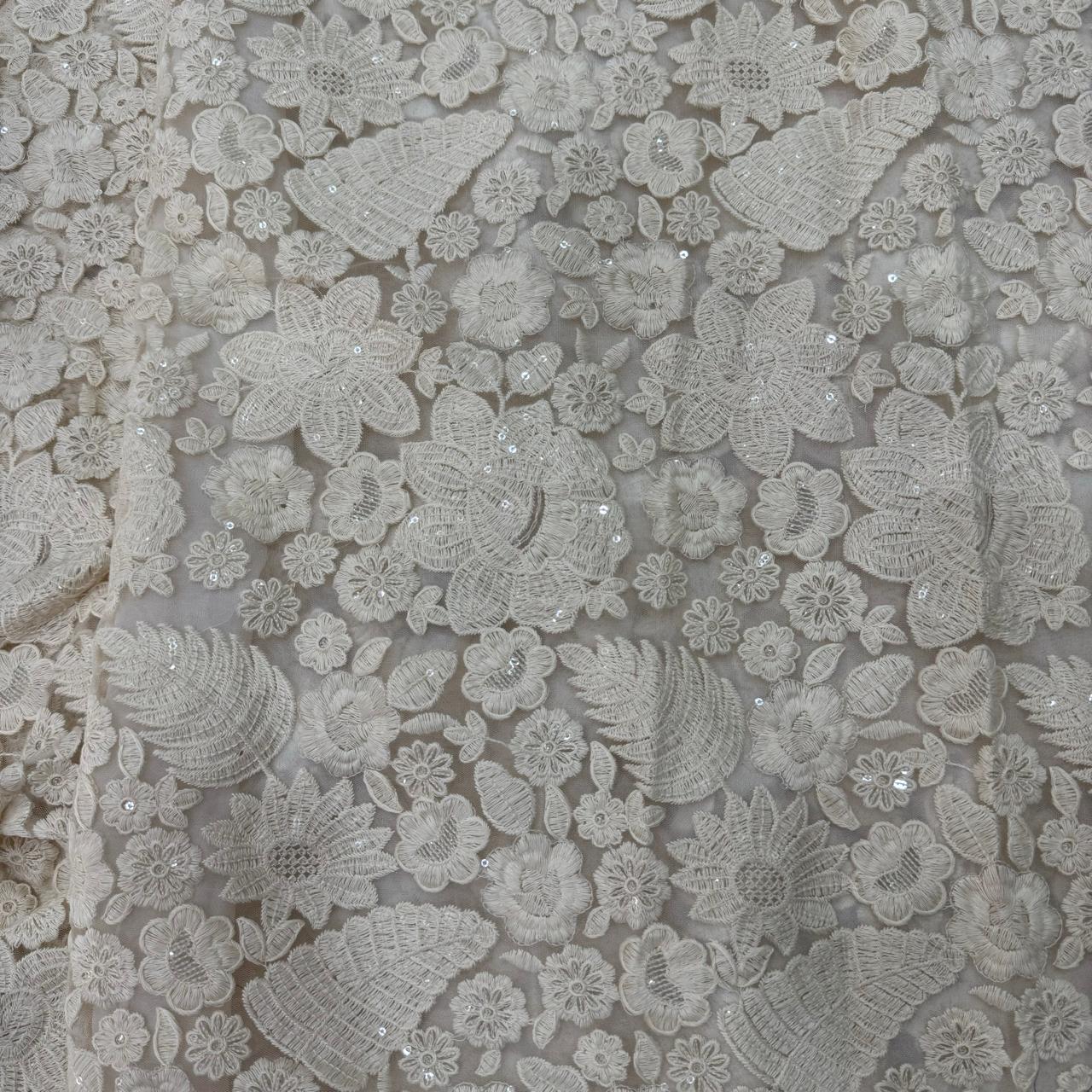 Off White Floral Embroidered Net Fabric