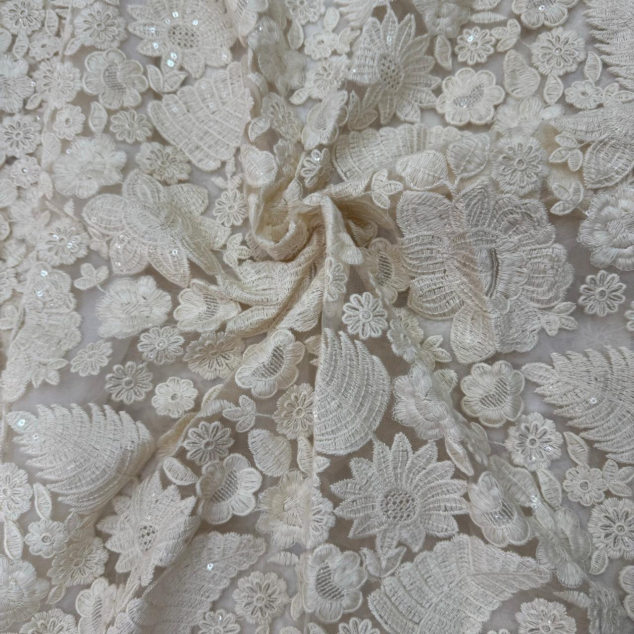 Off White Floral Embroidered Net Fabric