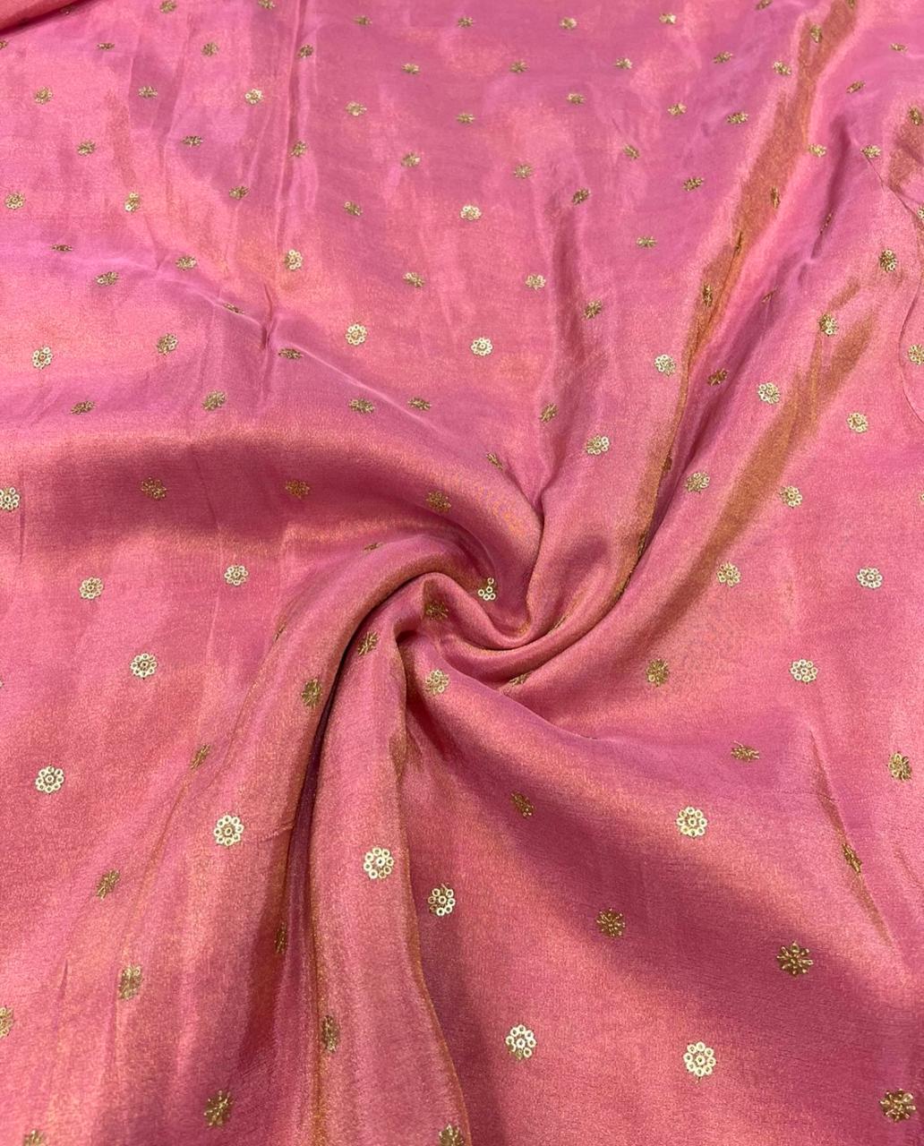 Ruddy Pink Flower Motifs Butti Embroidered Viscose Gold Tissue Silk Fabric