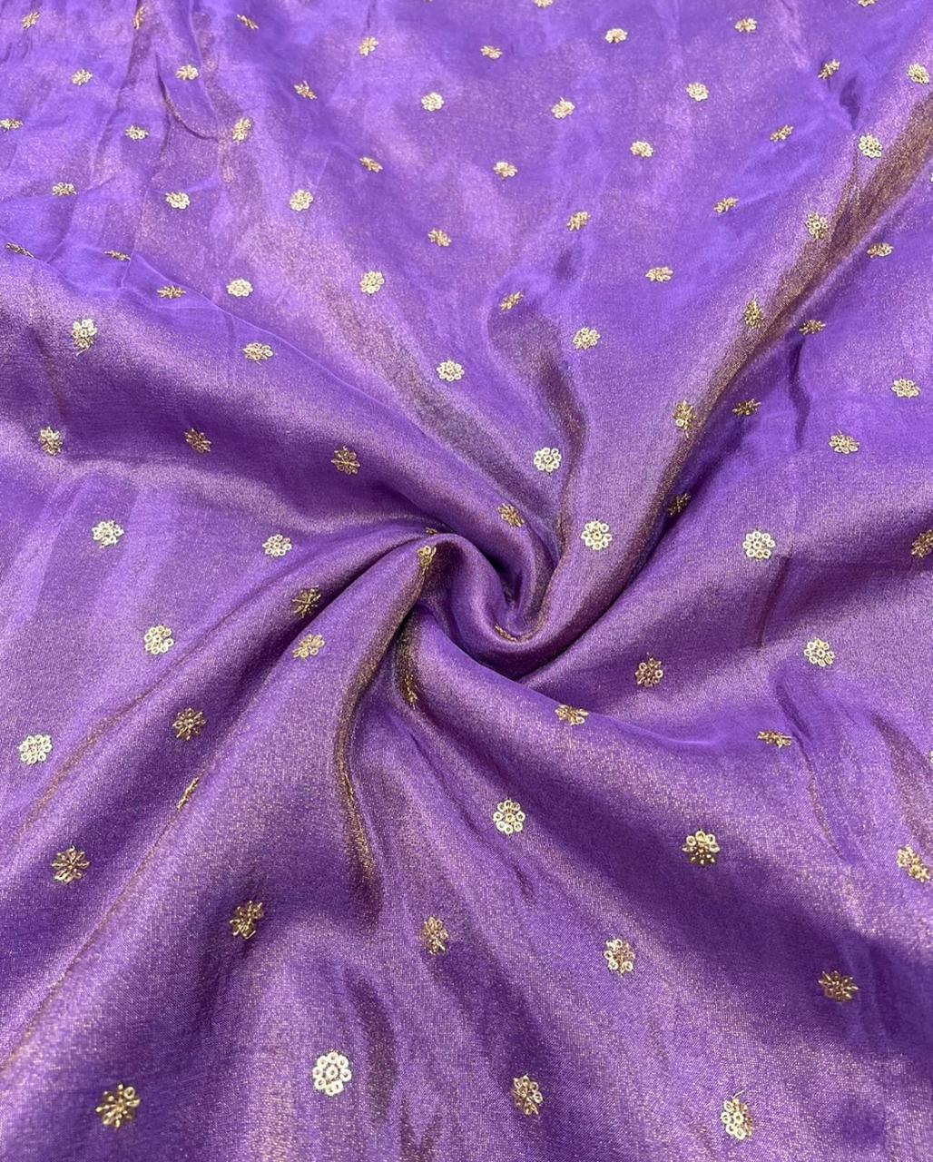 Deep Lavender Motifs Flower Butti Embroidered Viscose Gold Tissue Silk Fabric