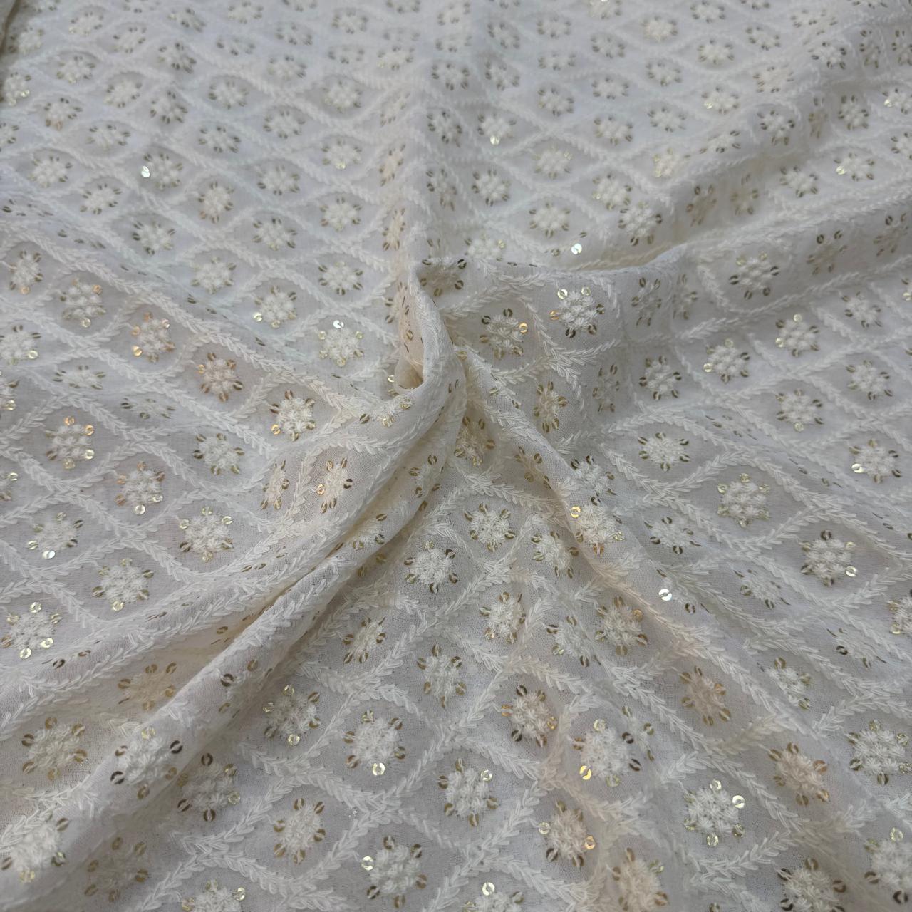 White Traditional Dyeable Lakhnavi Embroidered Viscose Georgette Fabric