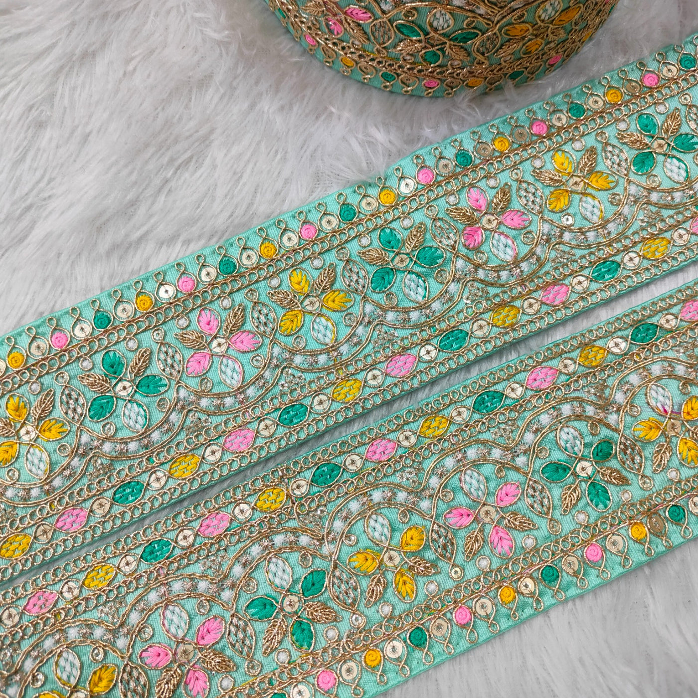 Teal Blue Multicolor Flower Design Embroidery Trim Border