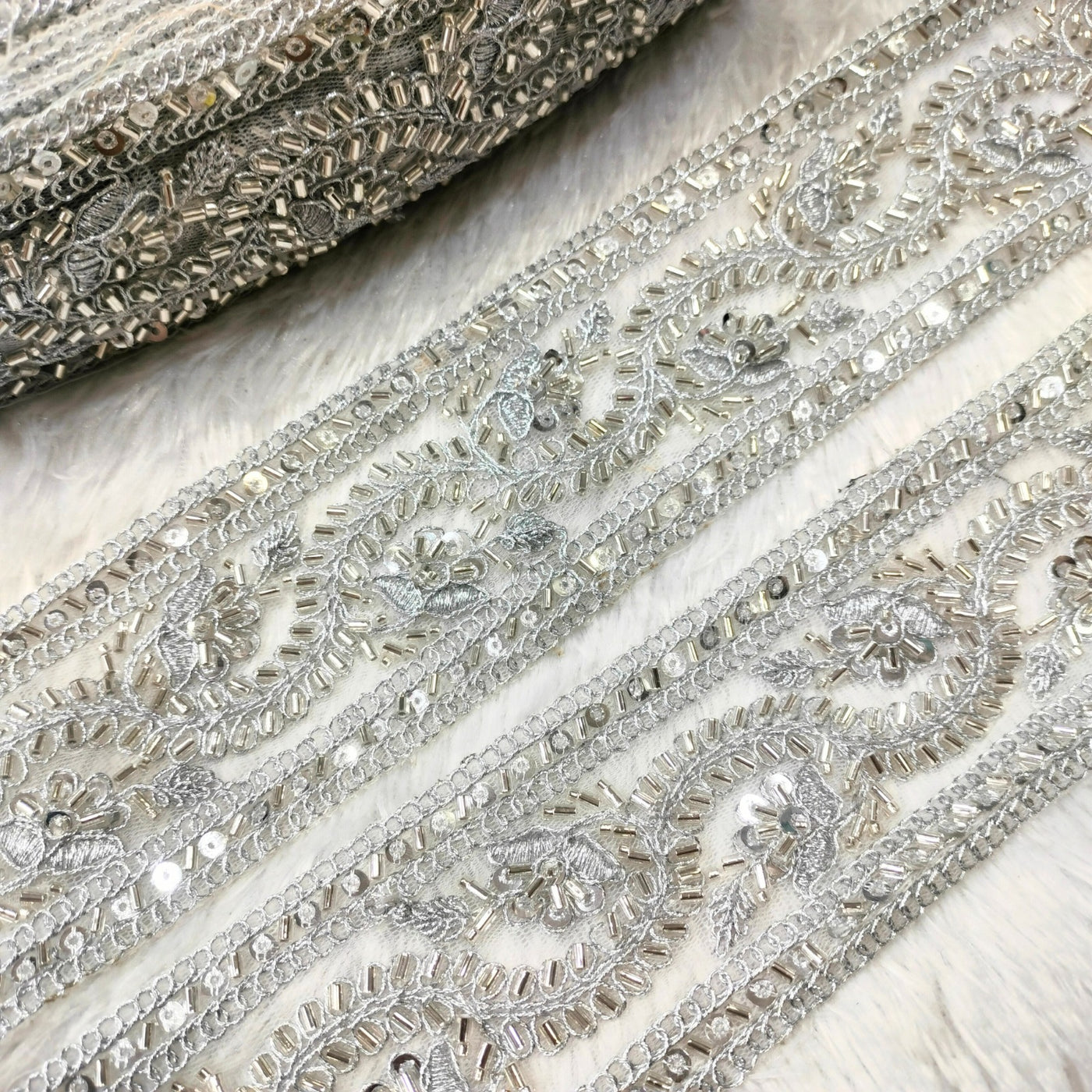 Silver Fancy Cutdana Embellished Trim