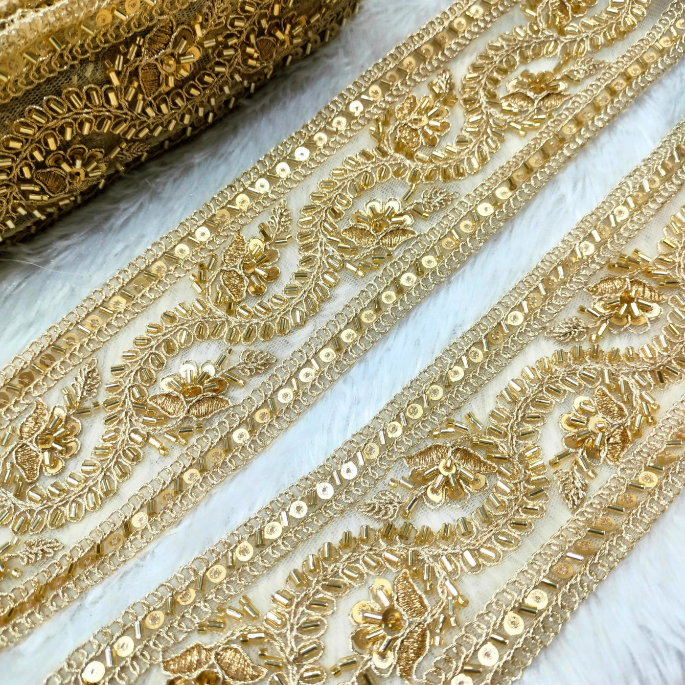 Golden Fancy Cutdana Embellished Trim