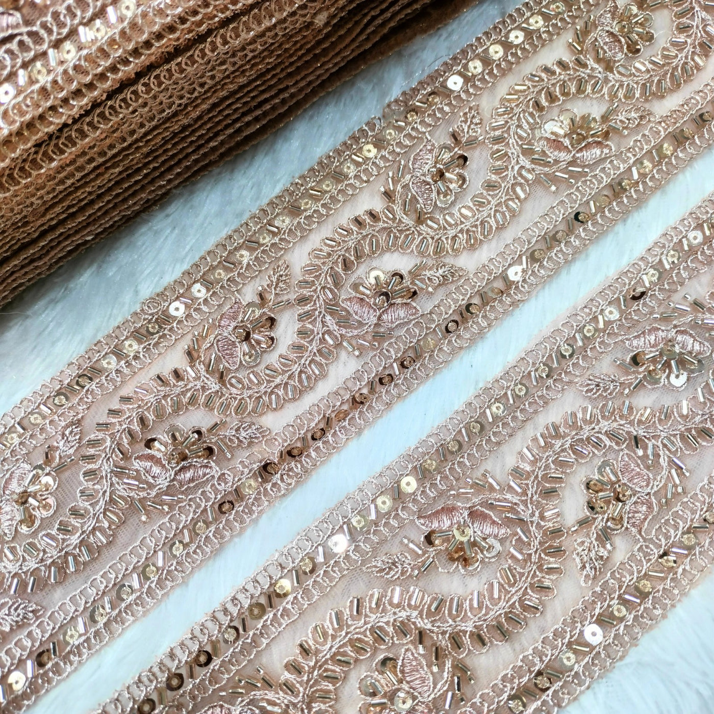 Rose Gold Fancy Cutdana Embellished Trim
