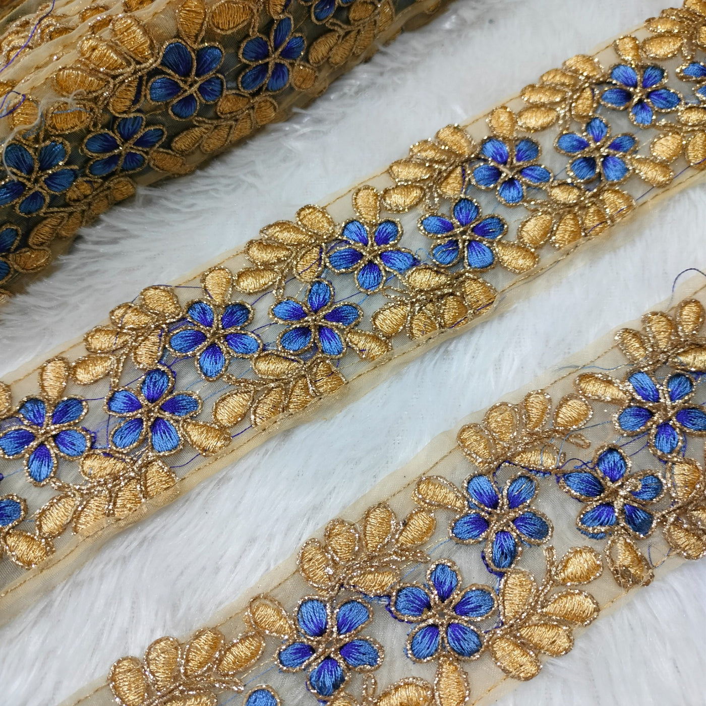 Blue And Golden Floral Fancy Embellished Trim