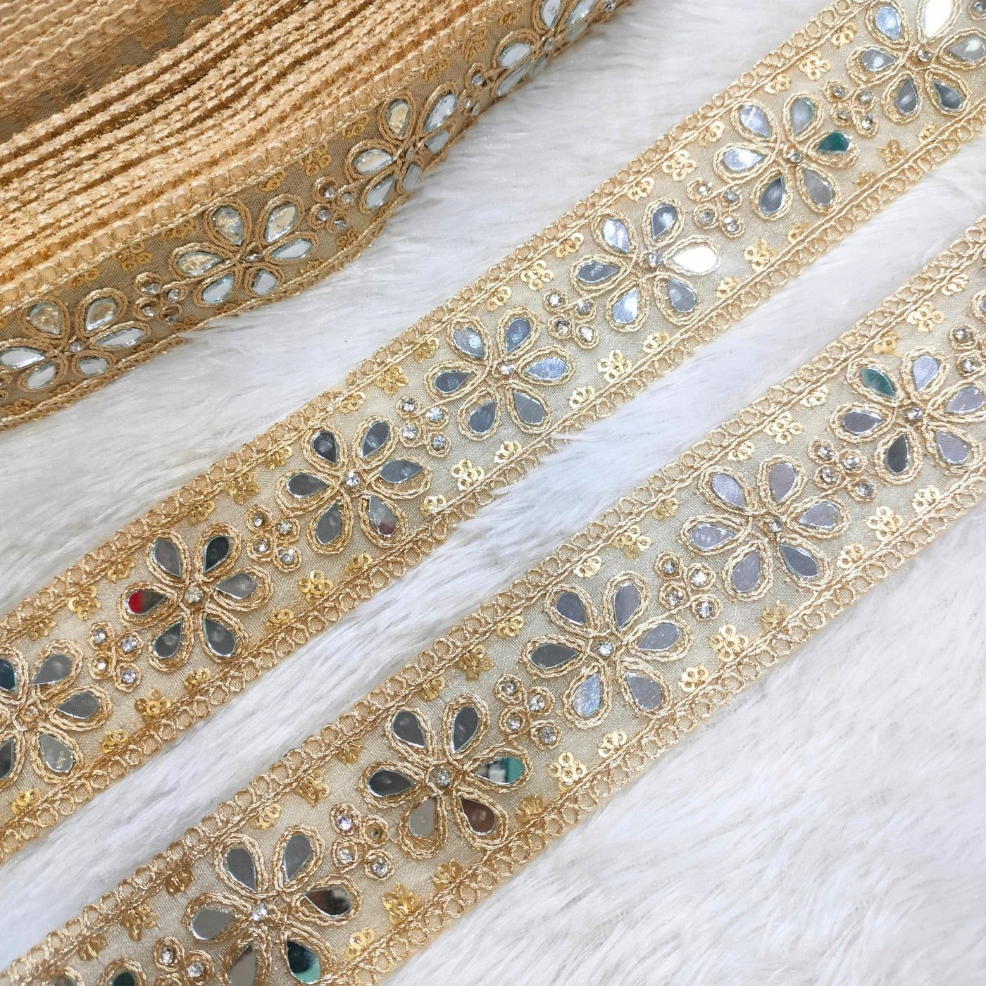 Golden Fancy Stone And Mirror Embellished Trim