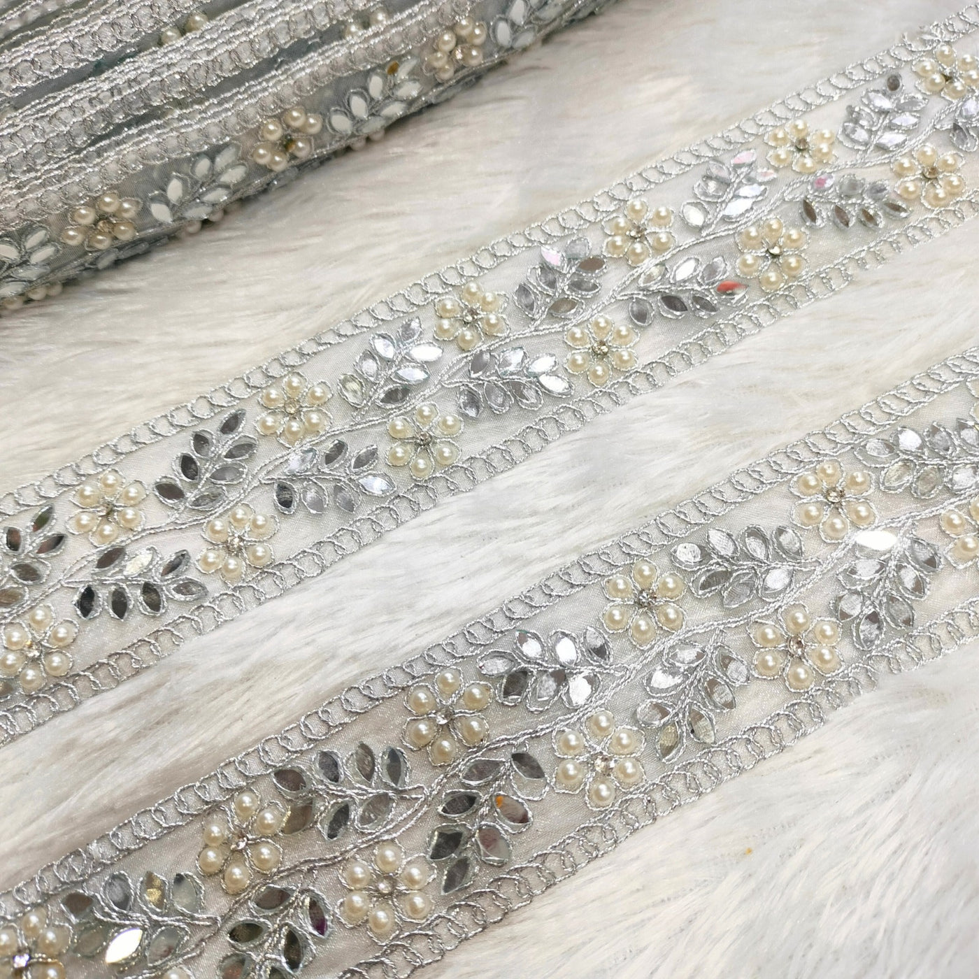 Silver Fancy Pearl And Mirror Embellished Trim