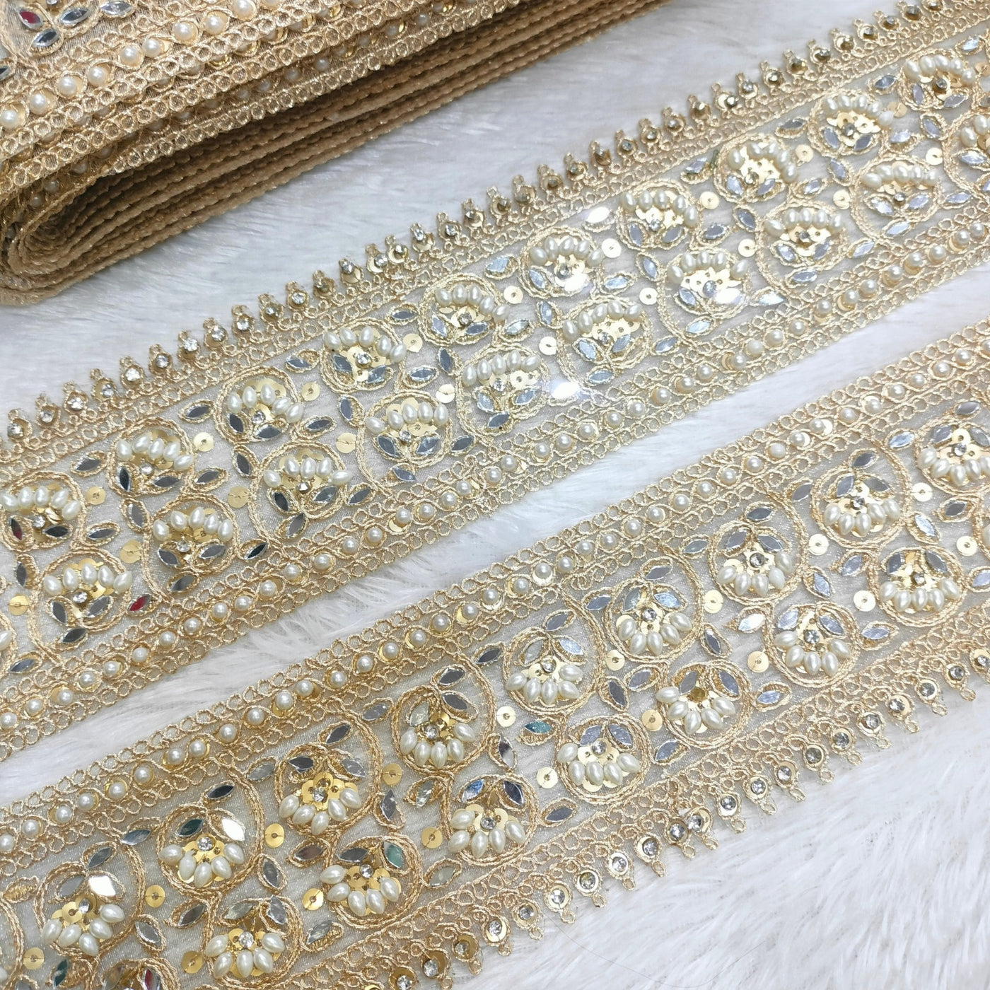 Golden Fancy Pearl And Mirror Embellished Trim