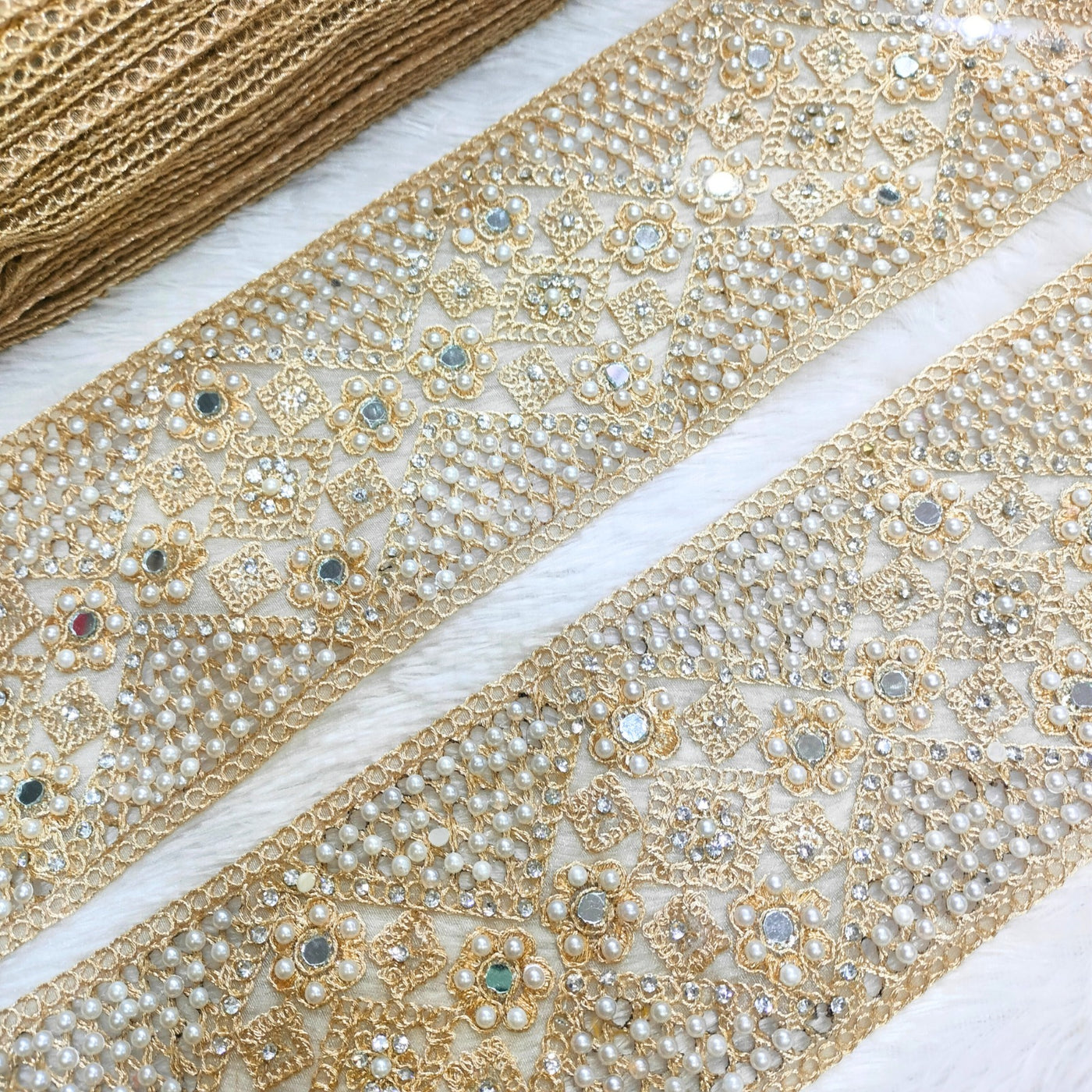 Golden Fancy Pearl And Mirror Embellished Trim
