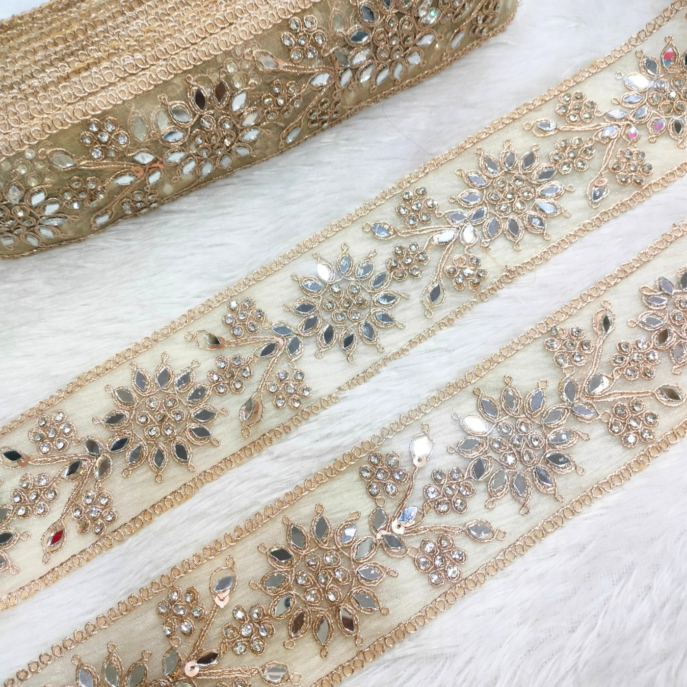 Golden Fancy Stone And Mirror Embellished Trim