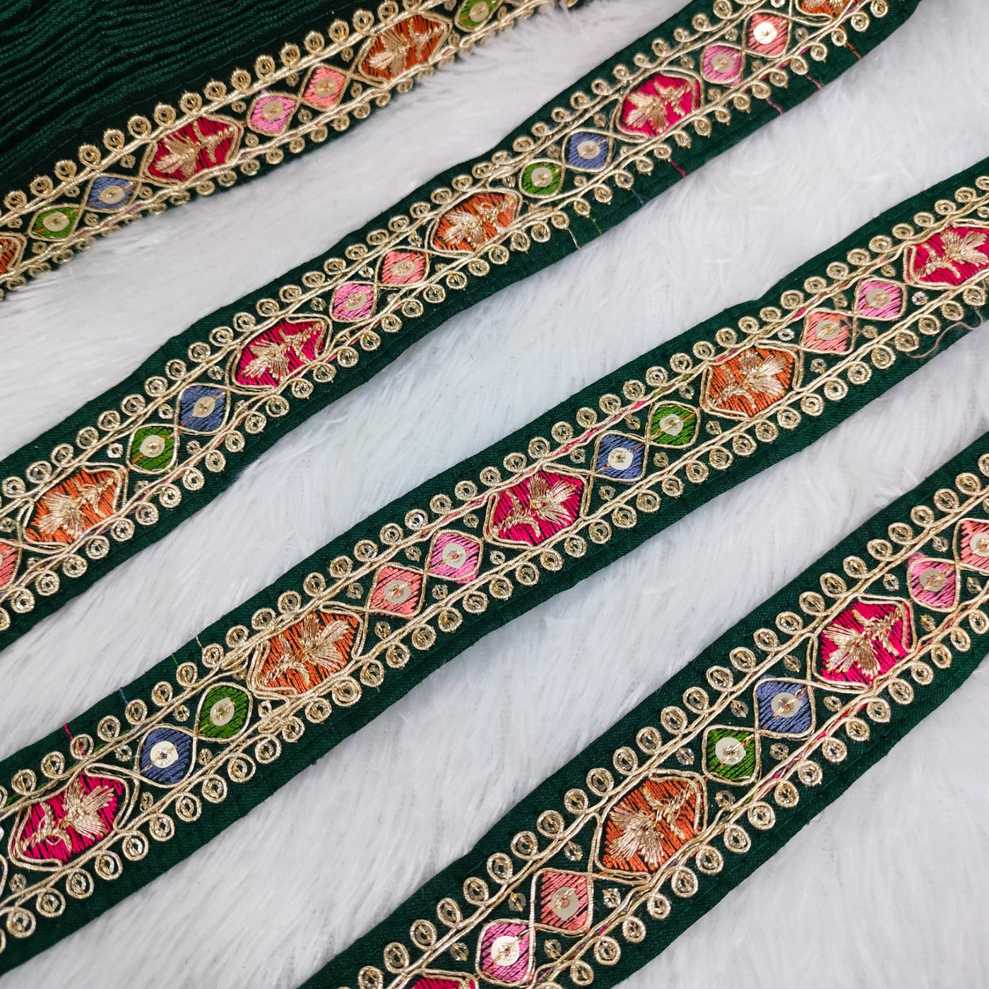 Dark Green Multicolor Embroidery Trim
