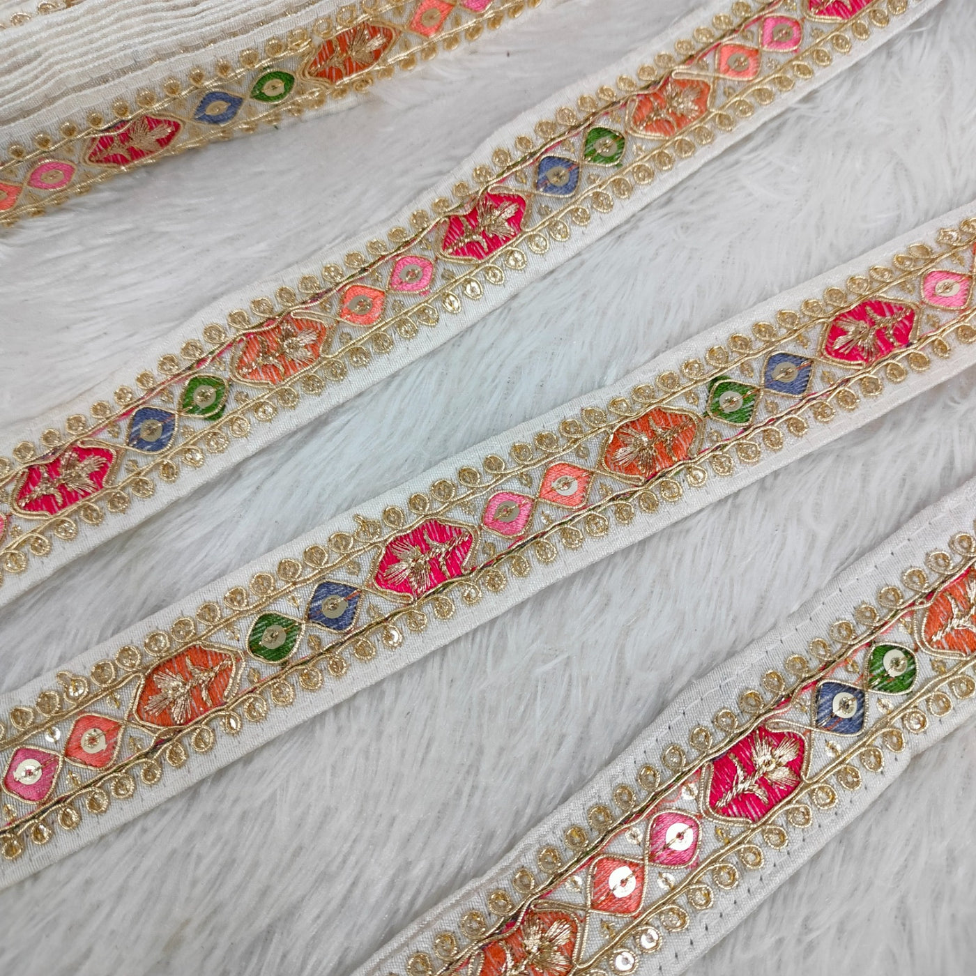 White Multicolor Embroidery Trim