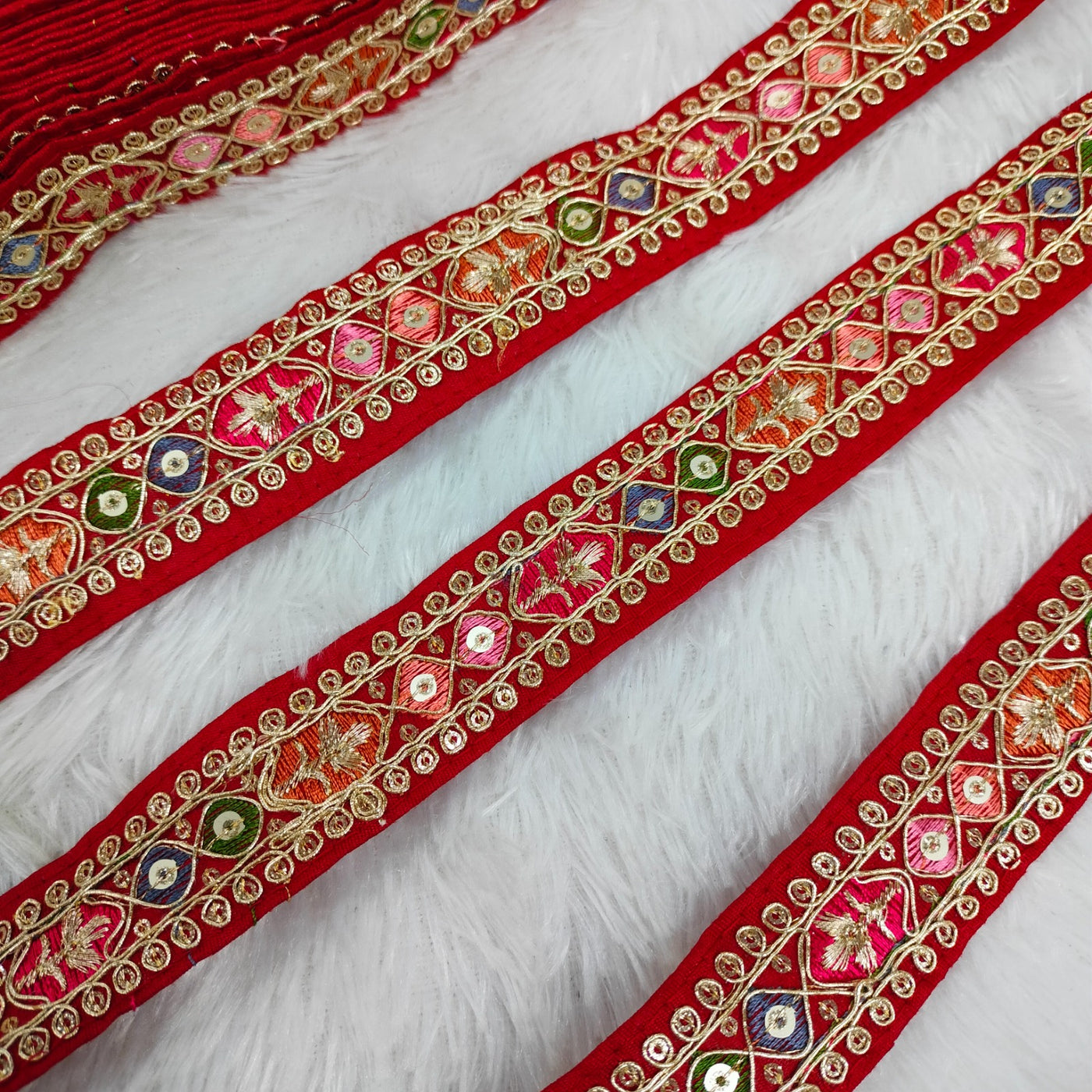 Red Multicolor Embroidery Trim
