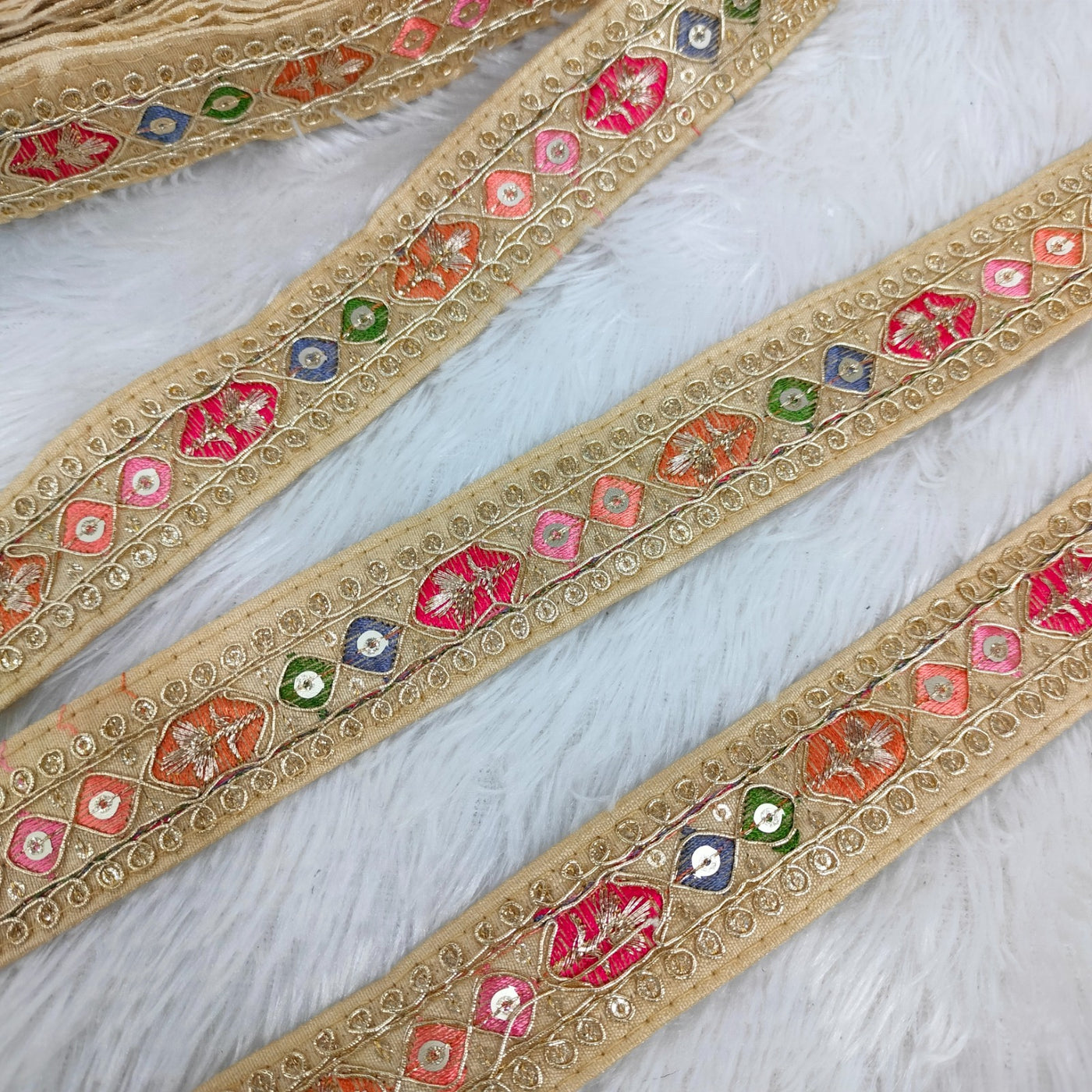 Beige Multicolor Embroidery Trim
