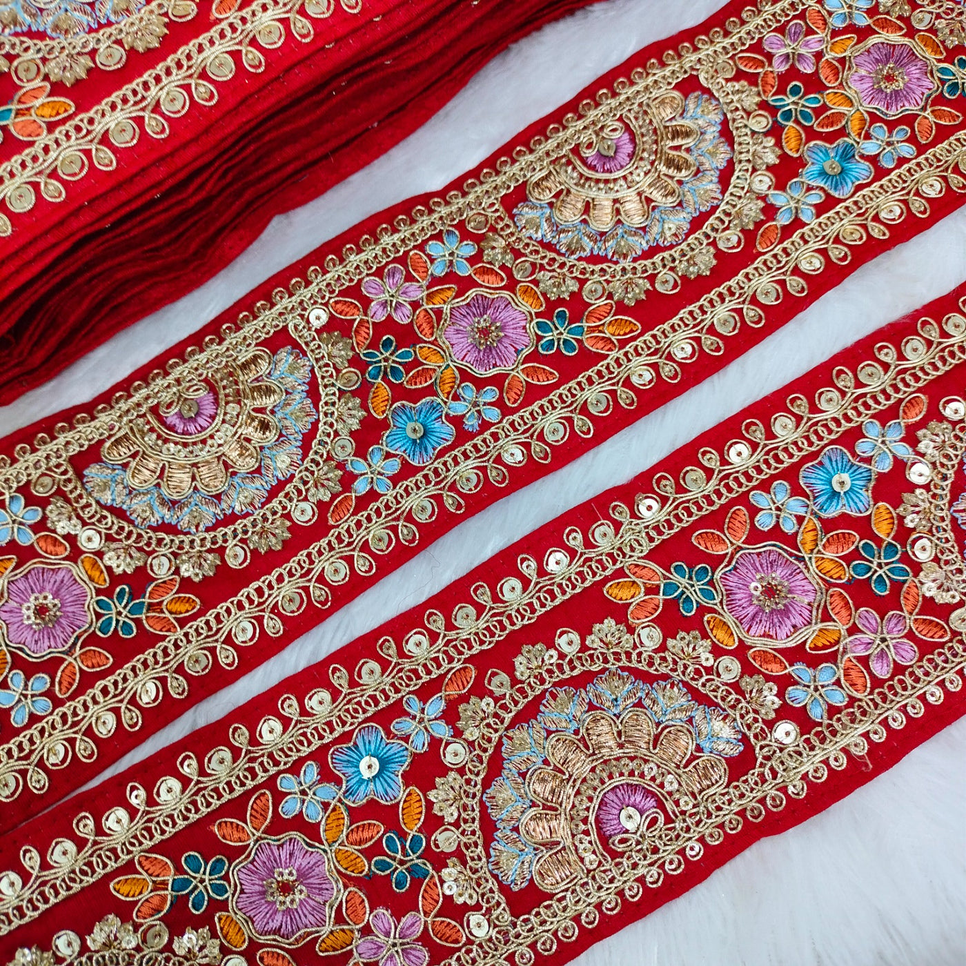 Red Multicolor Embroidery Trim