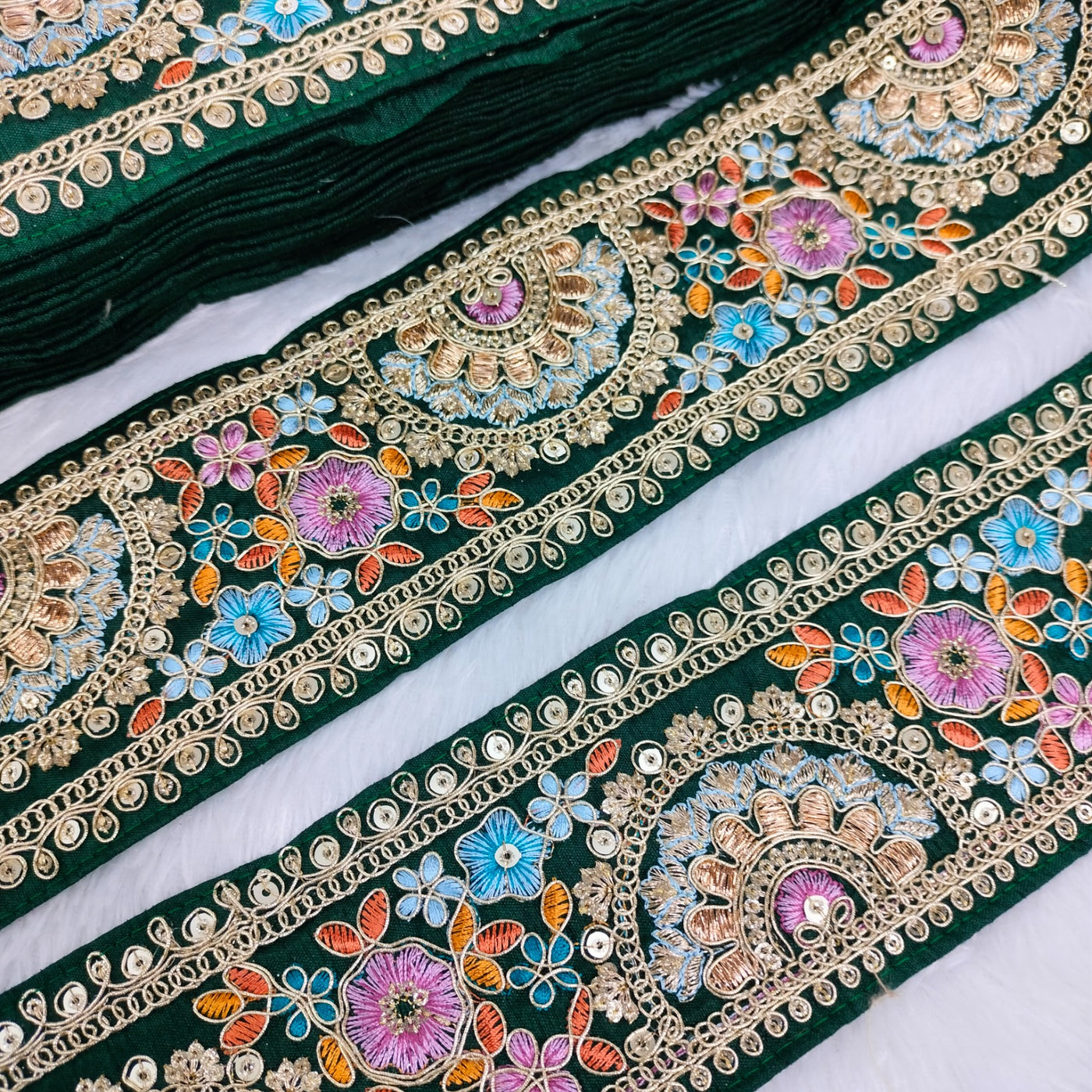 Dark Green Multicolor Embroidery Trim