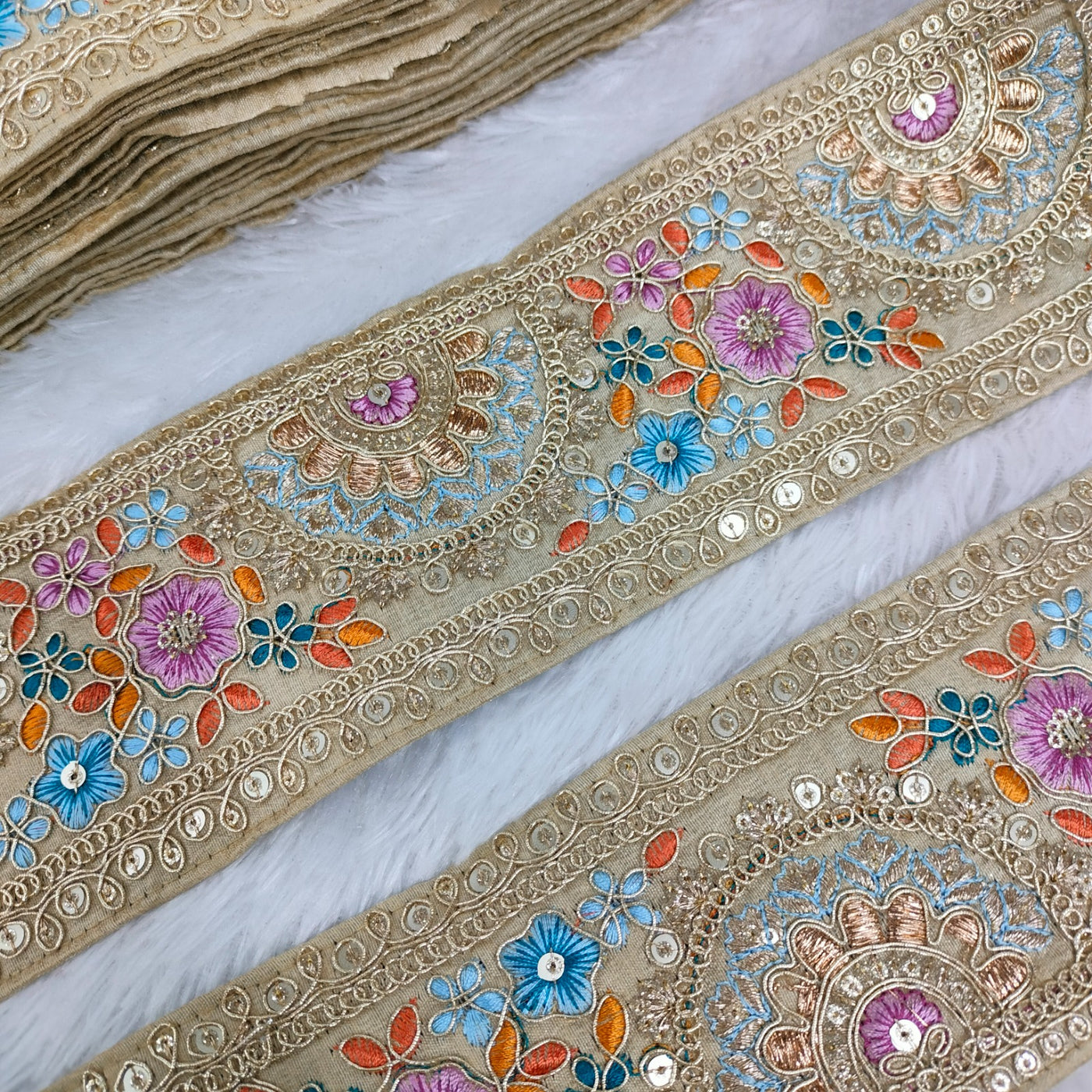 Beige Multicolor Embroidery Trim