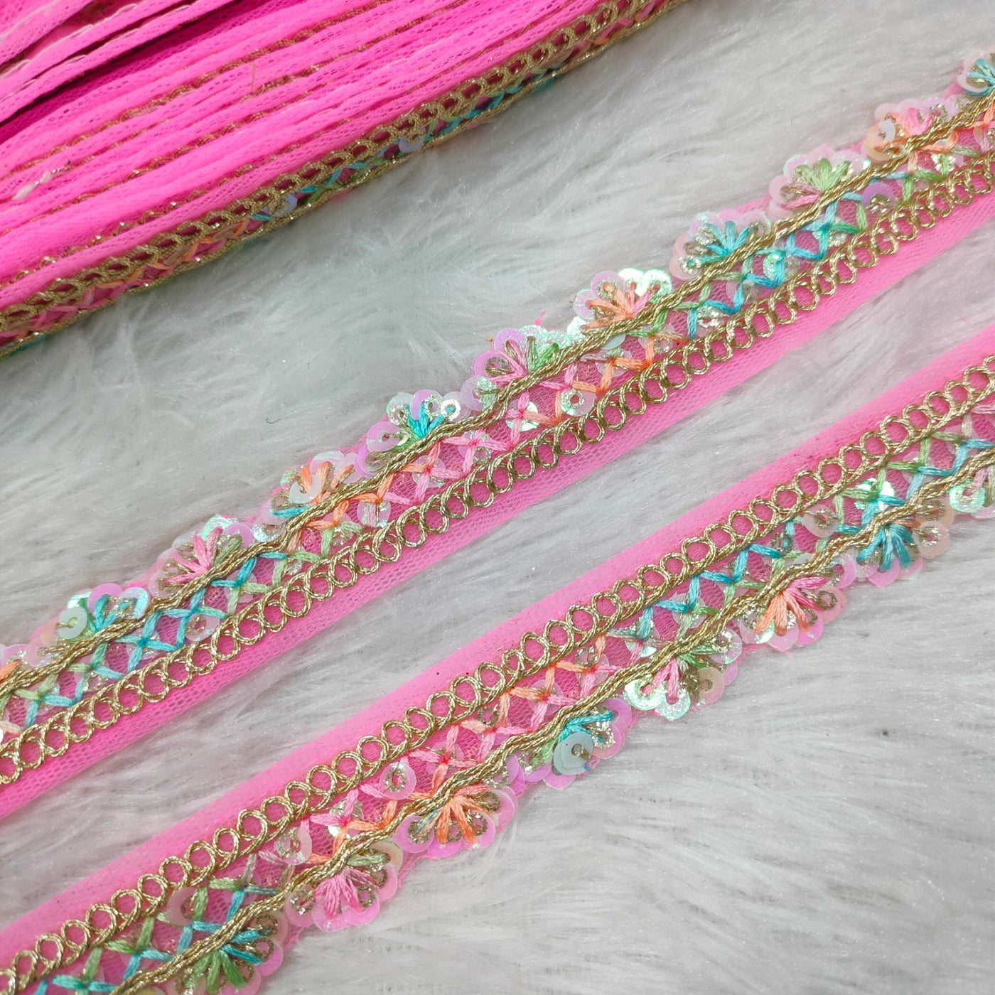 Pink Multicolor Floral Embroidery Trim