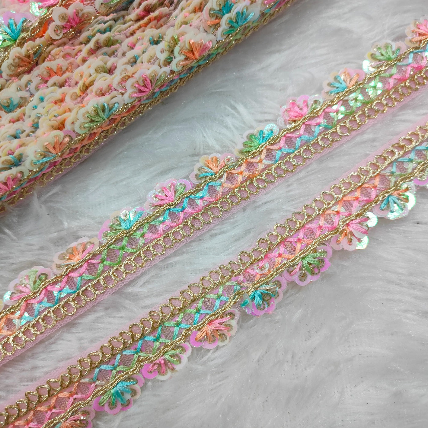 Light Pink Multicolor Floral Embroidery Trim
