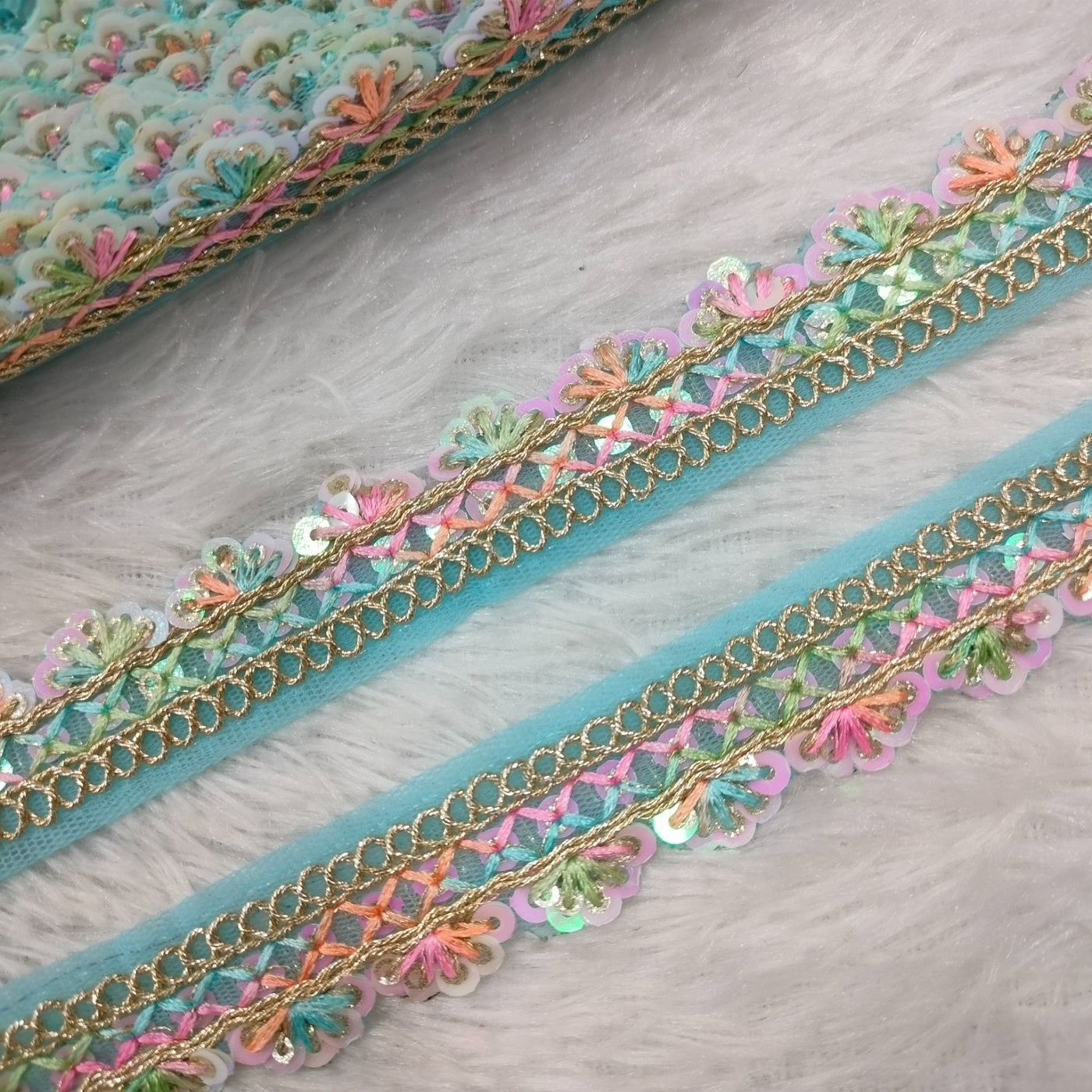 Blue Multicolor Floral Embroidery Trim