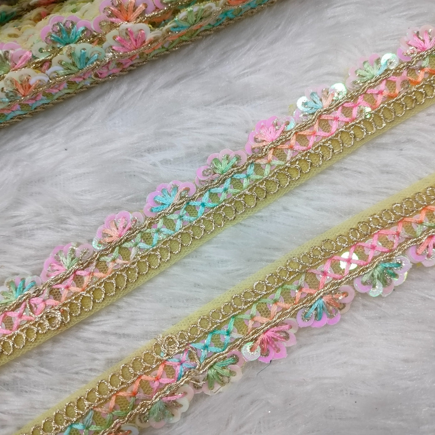 Yellow Multicolor Floral Embroidery Trim