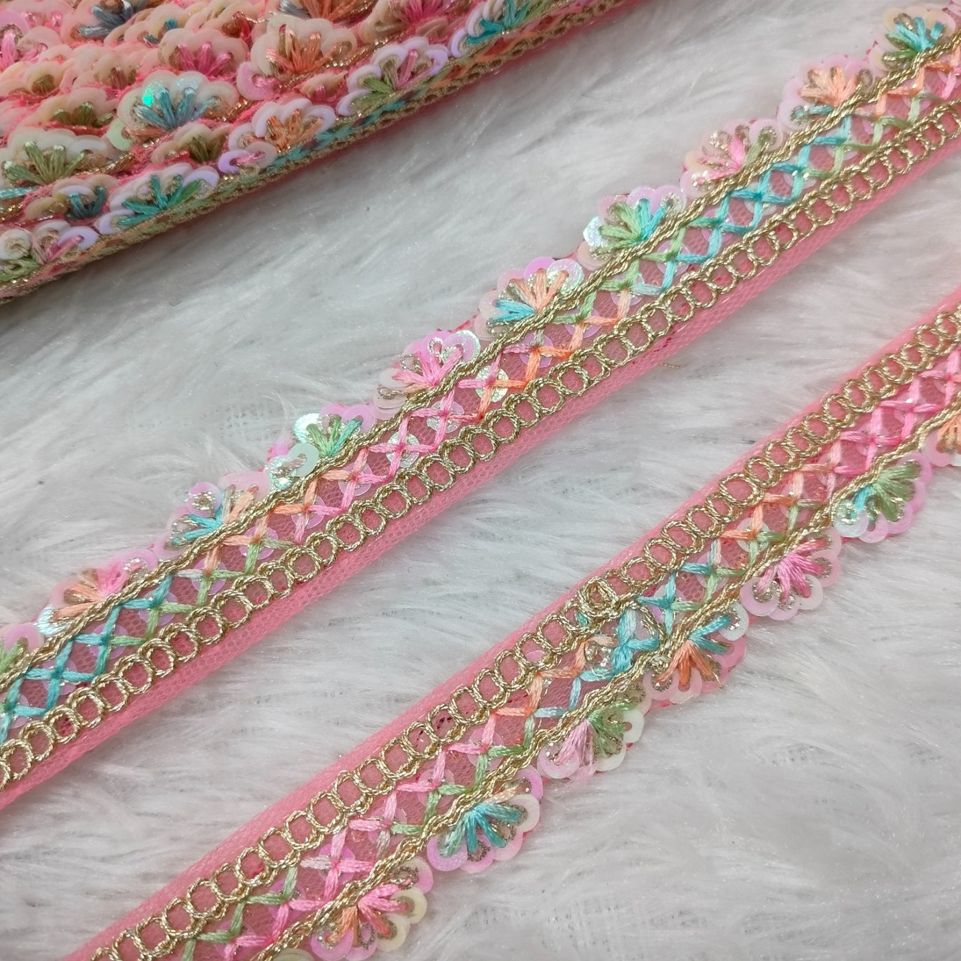 Pink Multicolor Floral Embroidery Trim