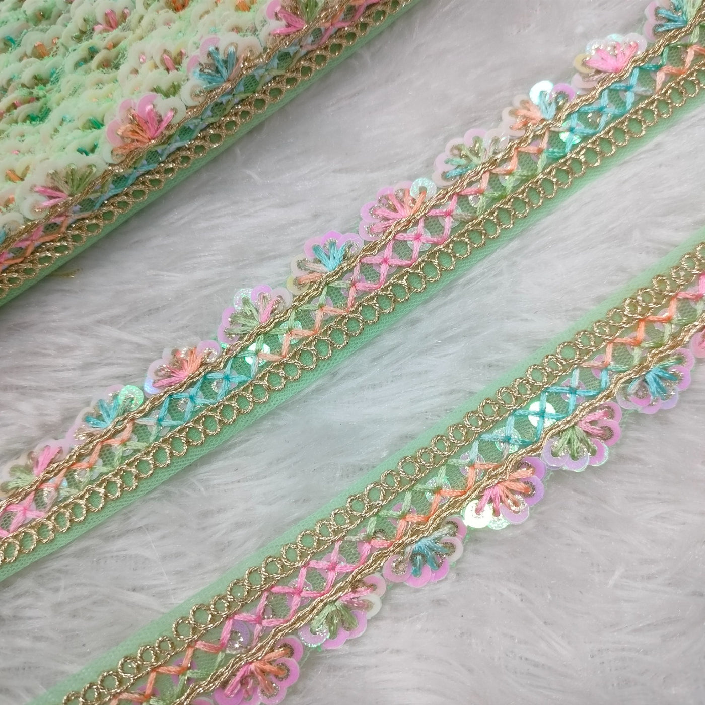 Green Multicolor Floral Embroidery Trim