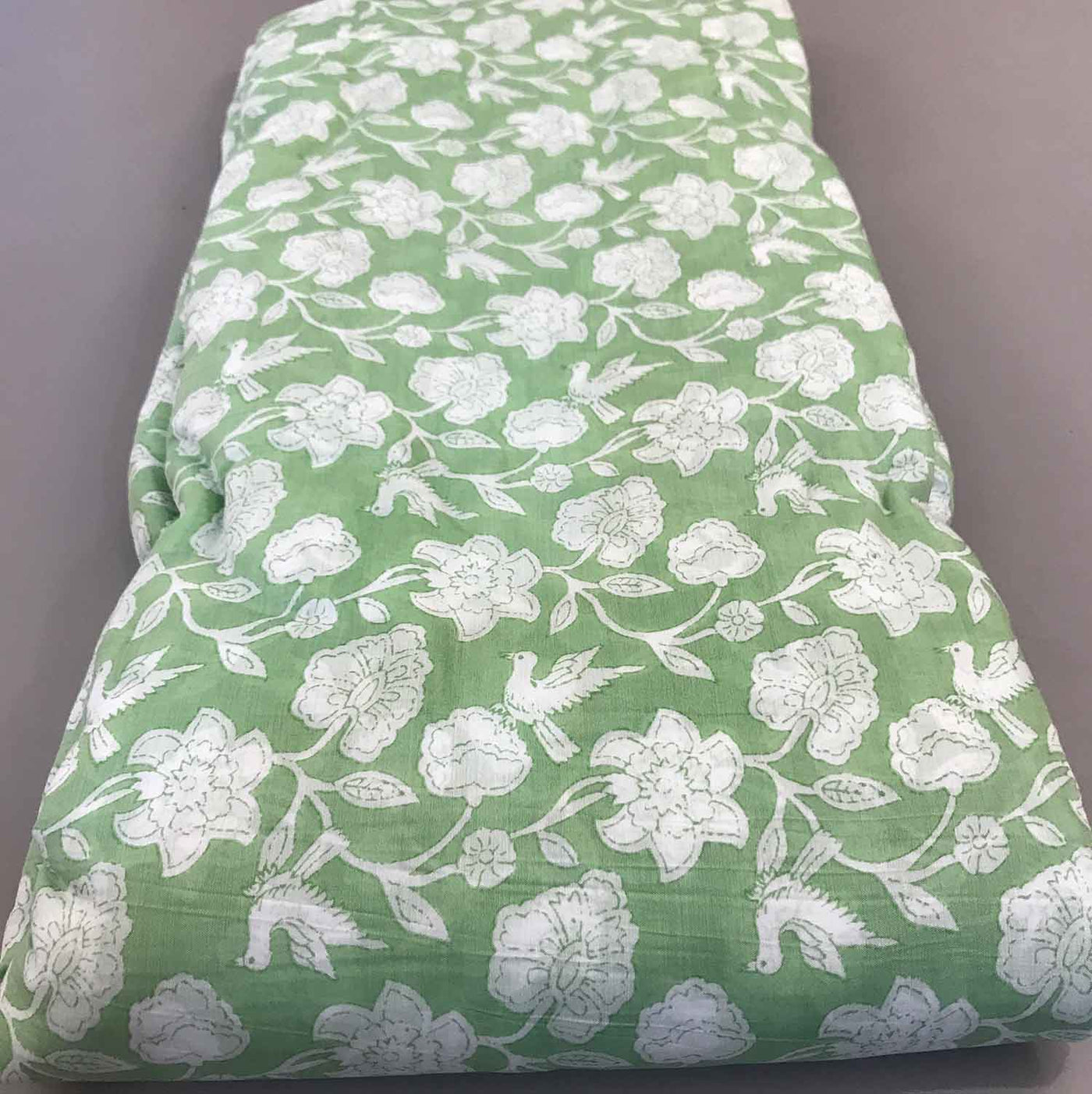 White & Green Florals Muslin Silk Fabric (Wholesale)