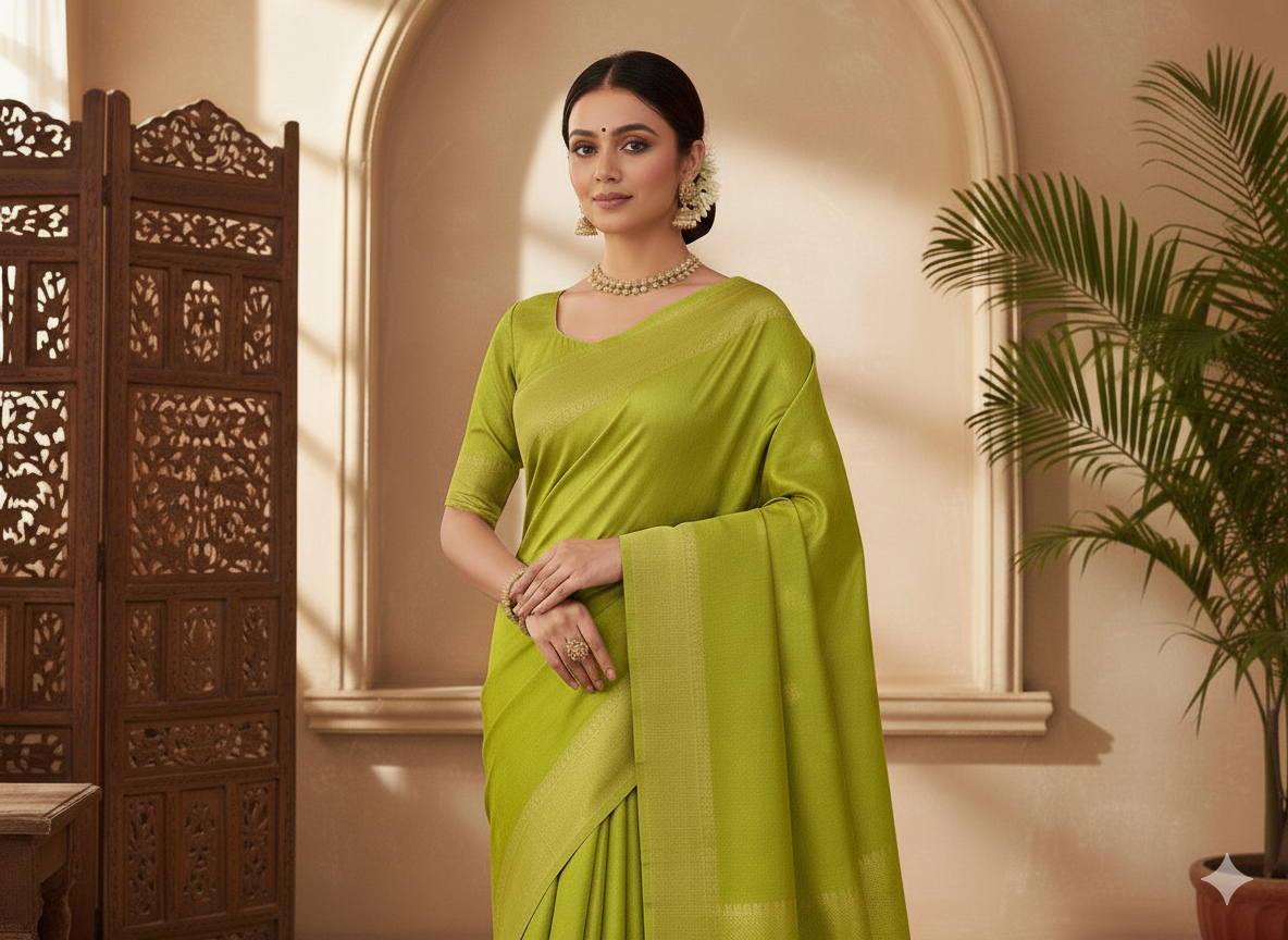 लेमन ग्रीन प्लेन शुद्ध विस्कोस गाजी सिल्क फैब्रिक