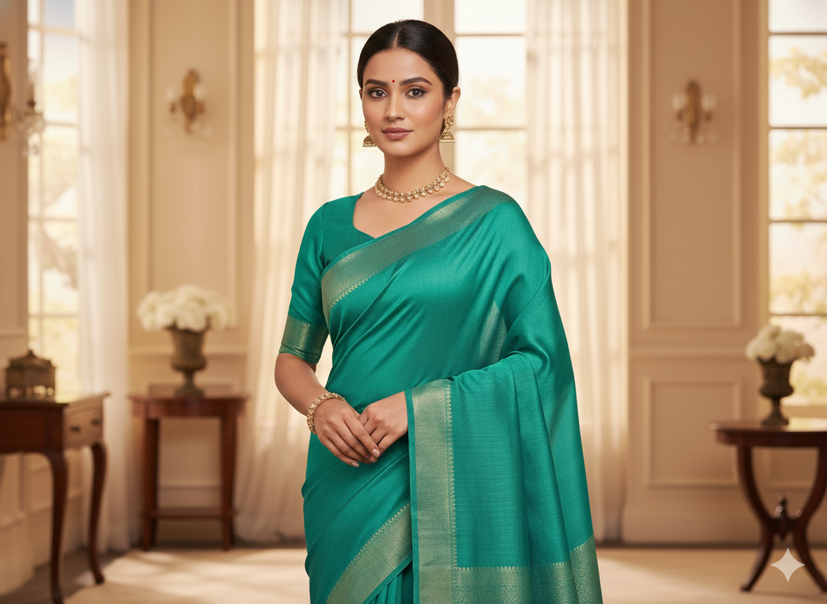 समुद्री हरा सादा शुद्ध विस्कोस गाजी रेशम कपड़ा