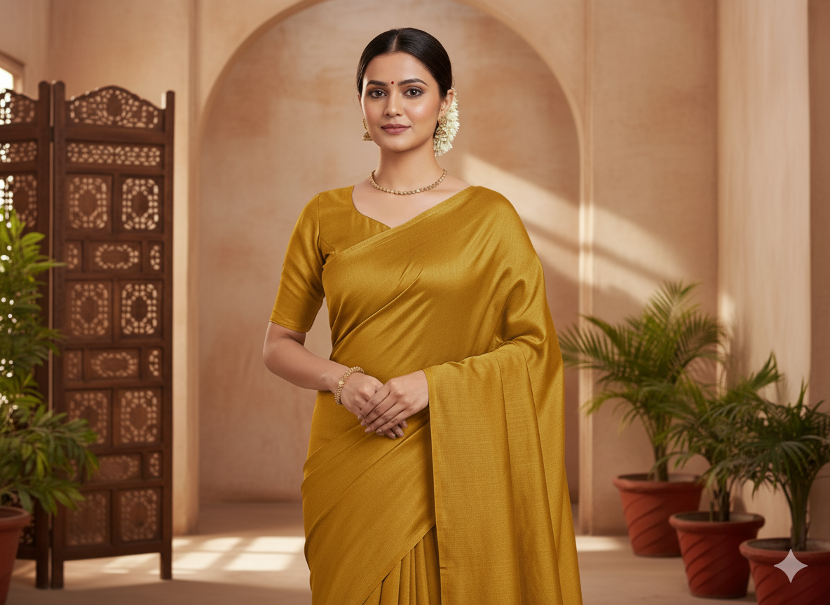 मस्टर्ड गोल्डन प्लेन शुद्ध विस्कोस गाजी सिल्क फैब्रिक