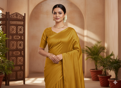 मस्टर्ड गोल्डन प्लेन शुद्ध विस्कोस गाजी सिल्क फैब्रिक