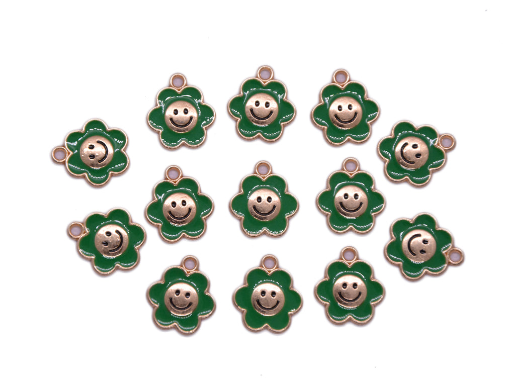 Dark Green Flower Shaped Smiley Enamel Charms