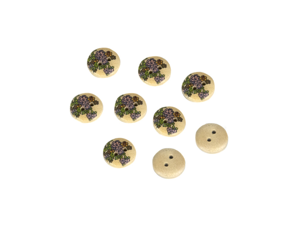 Purple Green Floral Printed 2 Hole Wooden Buttons