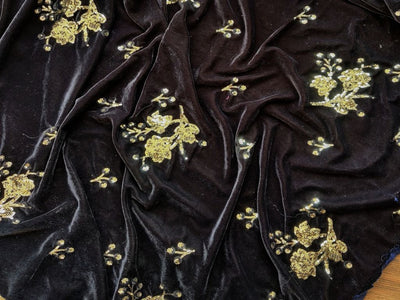 Black Golden Sequins Embroidered Velvet Fabric