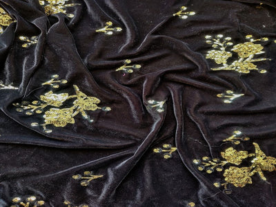 Black Golden Sequins Embroidered Velvet Fabric