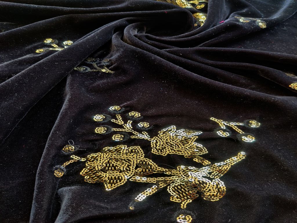 Black Golden Sequins Embroidered Velvet Fabric