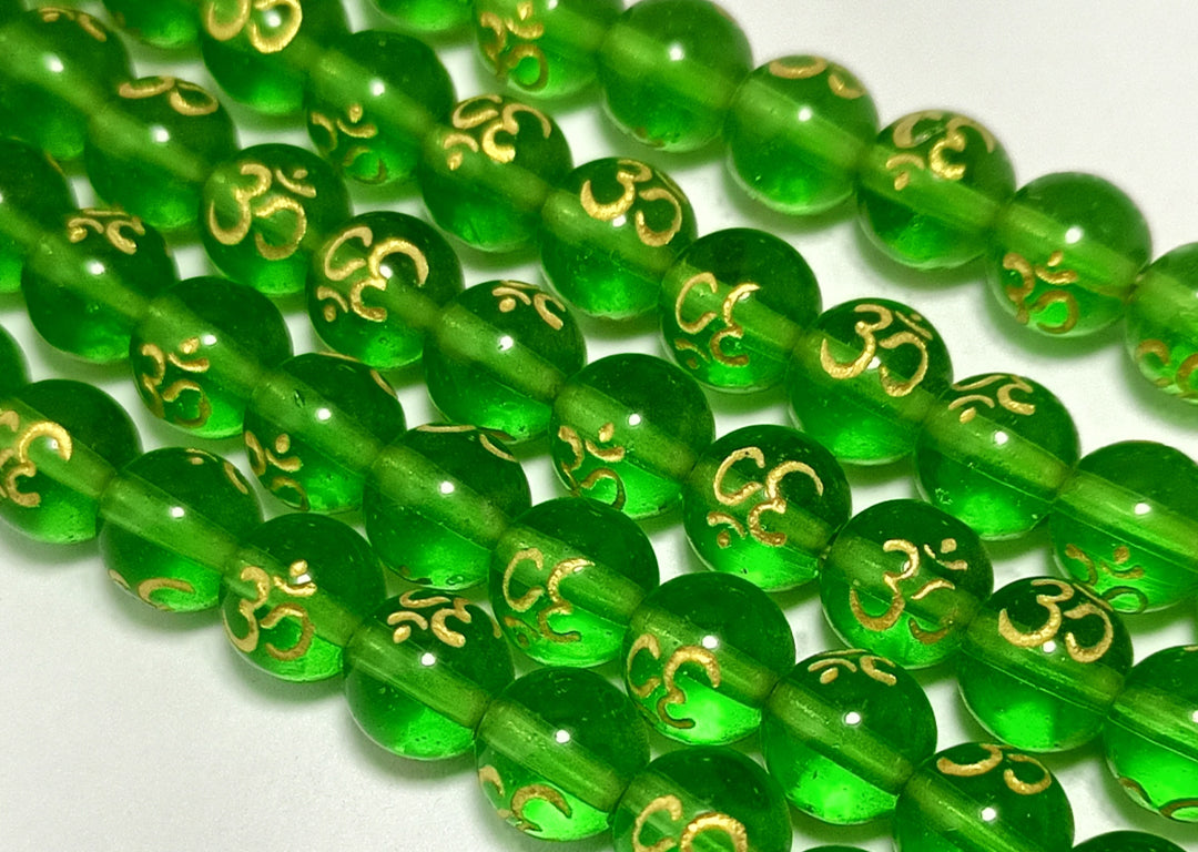 Dark Green Om Printed Glass Beads