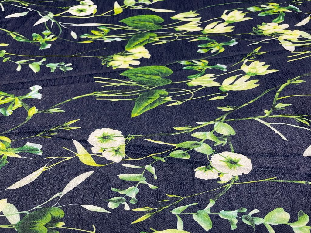 Navy Blue Floral Imported Denim Fabric