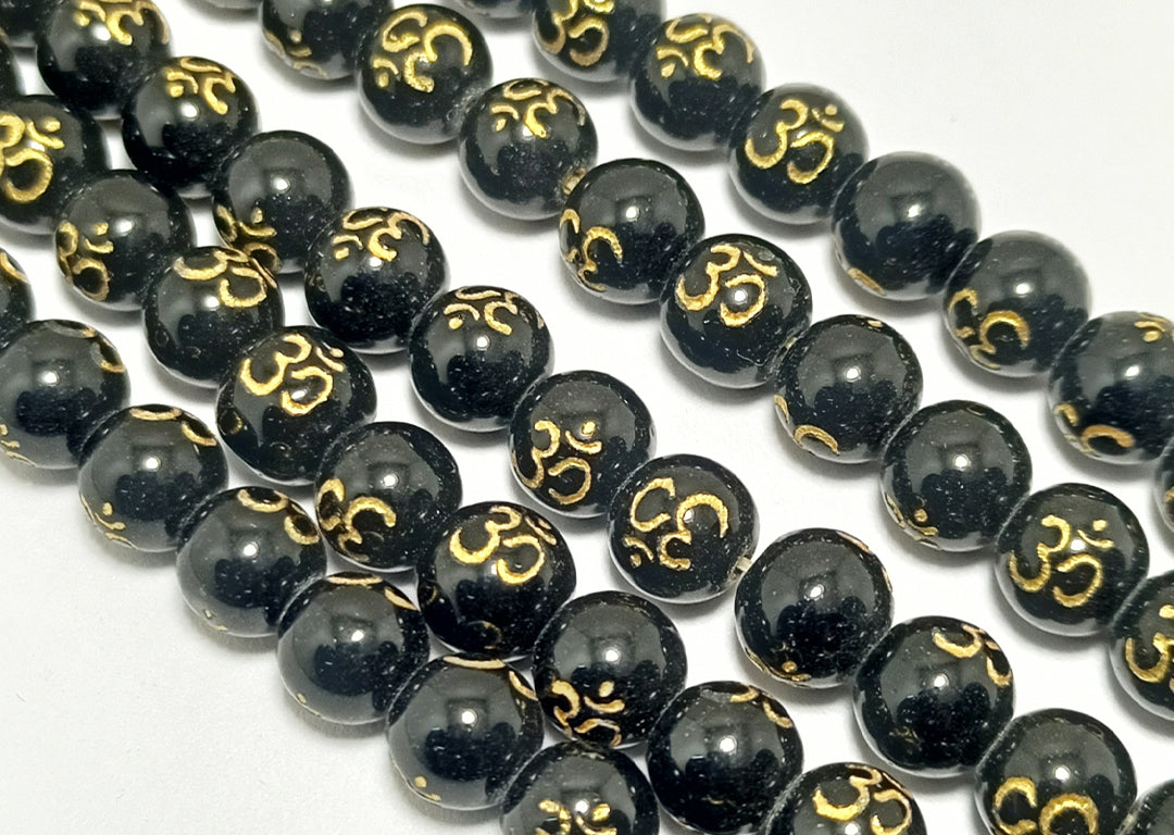 Black Om Printed Glass Beads