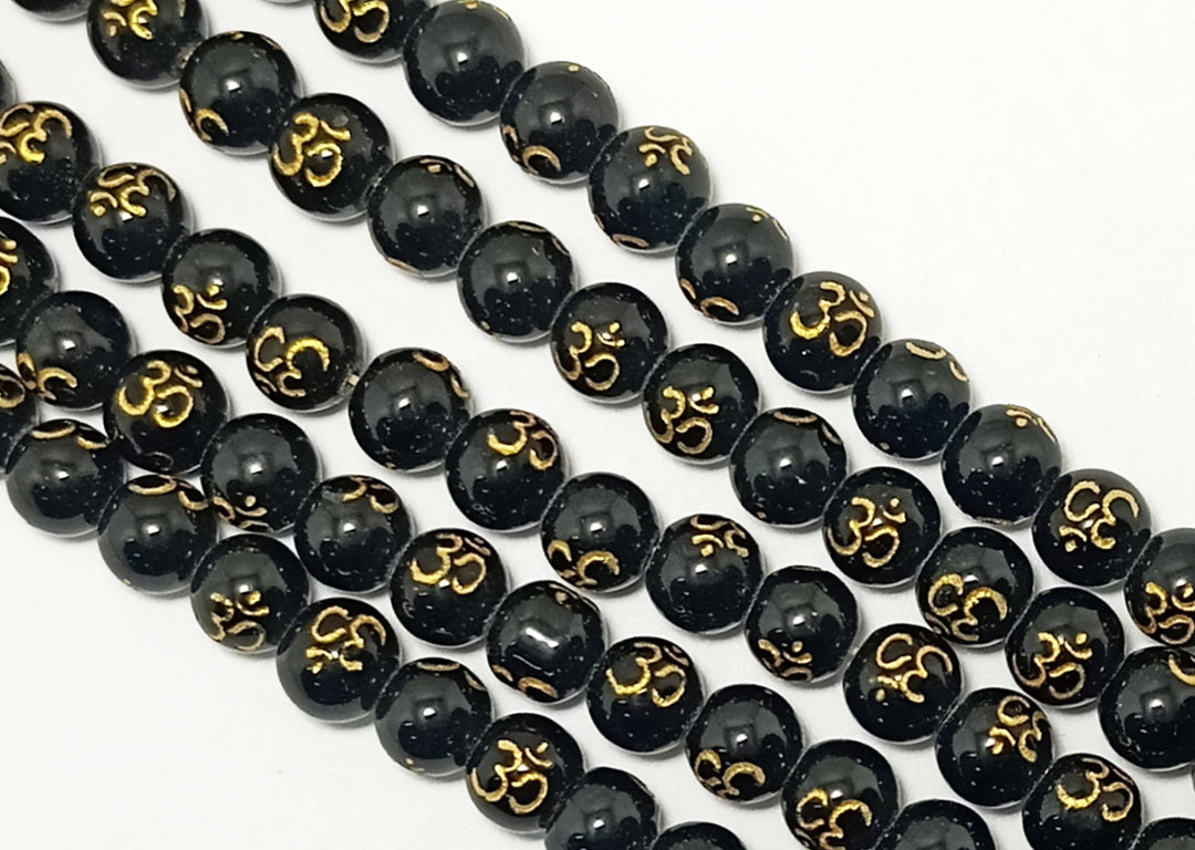 Black Om Printed Glass Beads