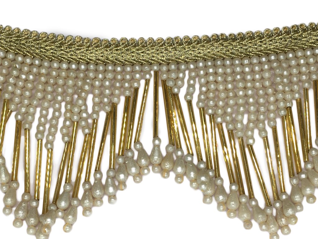 Golden White Pearl String Fringe Designer Lace