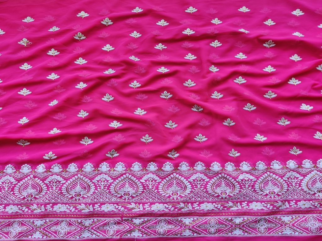 fuschia-pink-georgette-with-white-lakhnawi-thread-golden-zari-embroidery